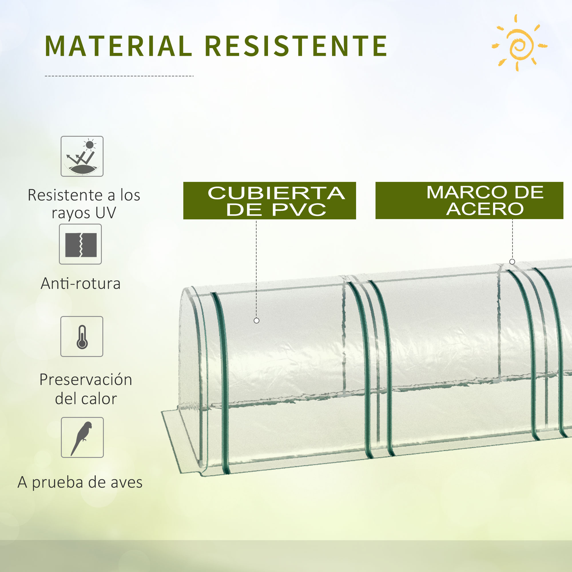 Descripción general: cubierta de PVC, marco de acero, resistente a UV, anti-rotura, preserva calor.