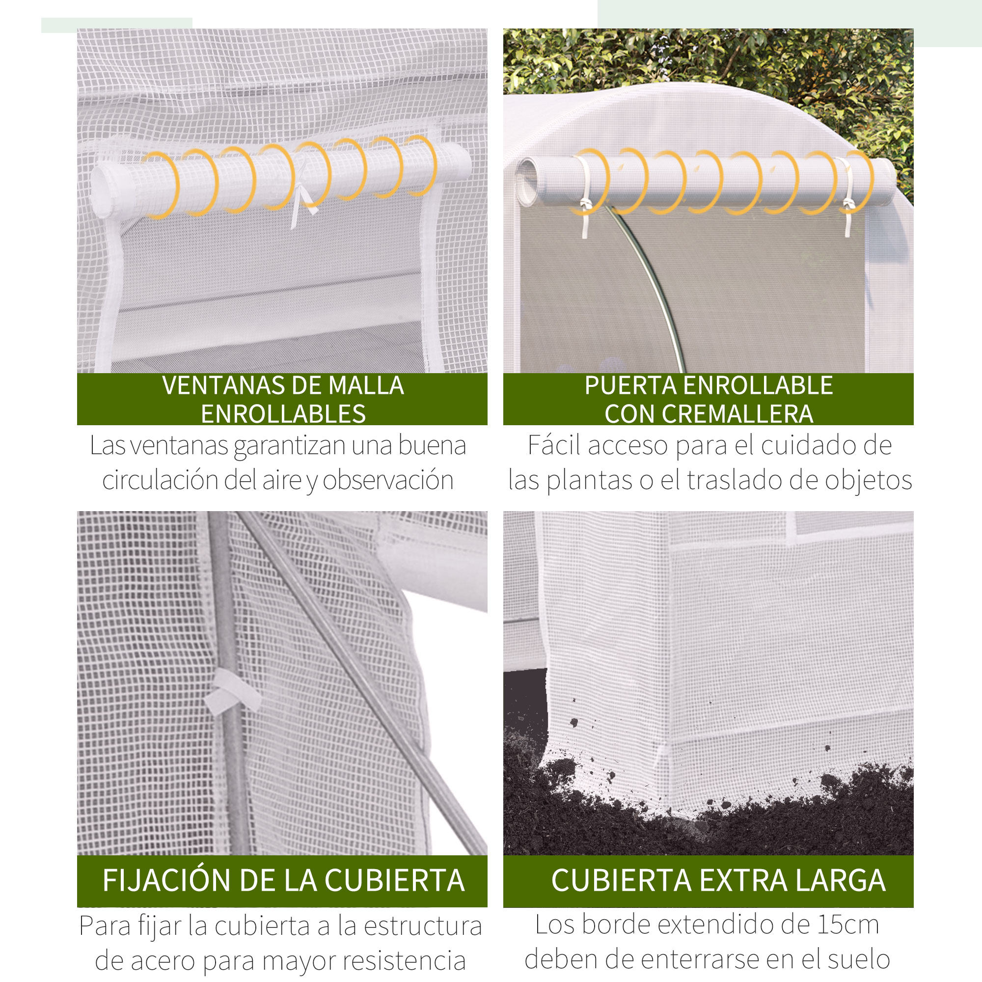 Cuatro imágenes muestran detalles de invernadero: ventanas enrollables, puerta con cremallera, fijaciones y borde.