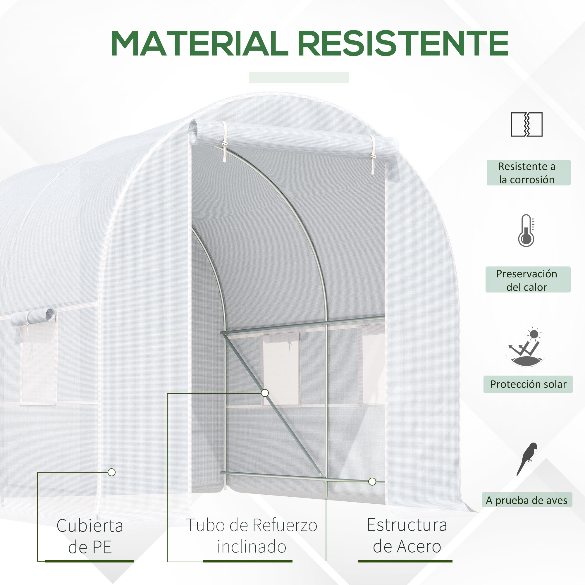 Un invernadero blanco con estructura de acero y cubierta de PE. Etiquetas resaltan características.
