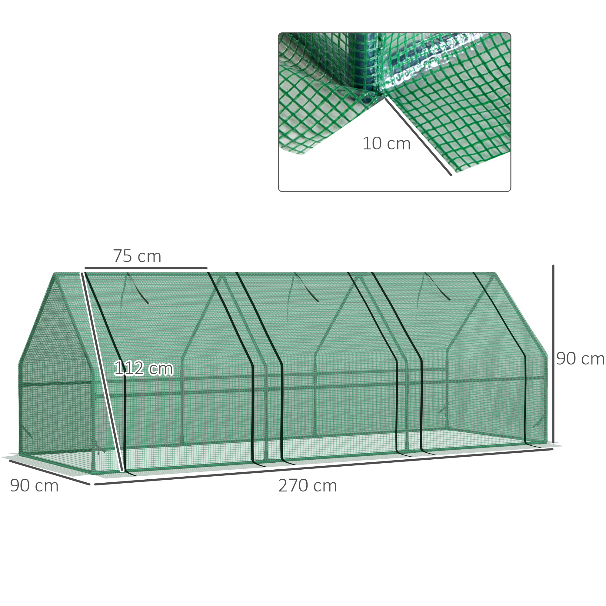 Invernadero verde de 270x90x90 cm y 112 cm de alto.