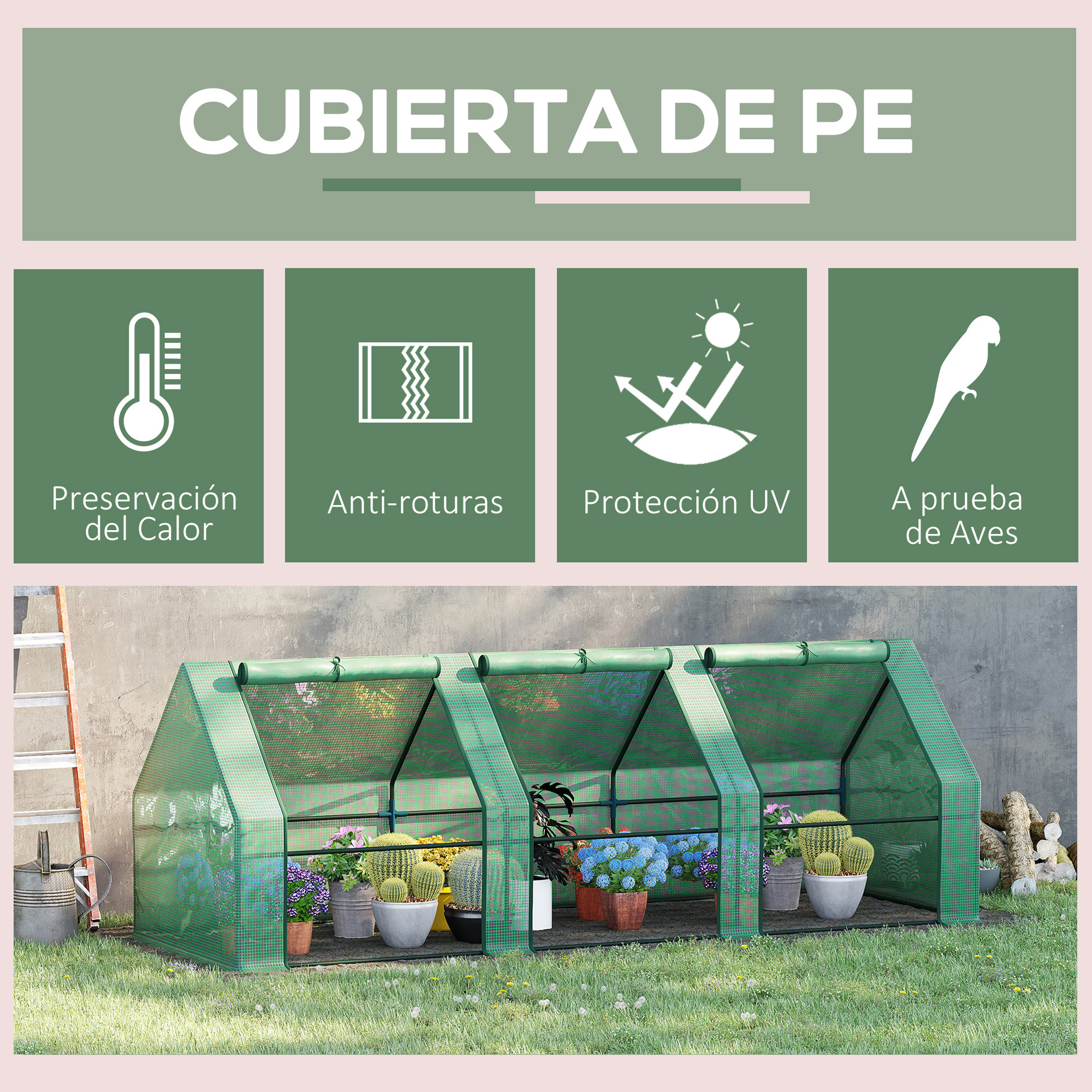 Un invernadero verde con plantas e iconos de calor, resistencia al desgarro, protección UV y contra aves.