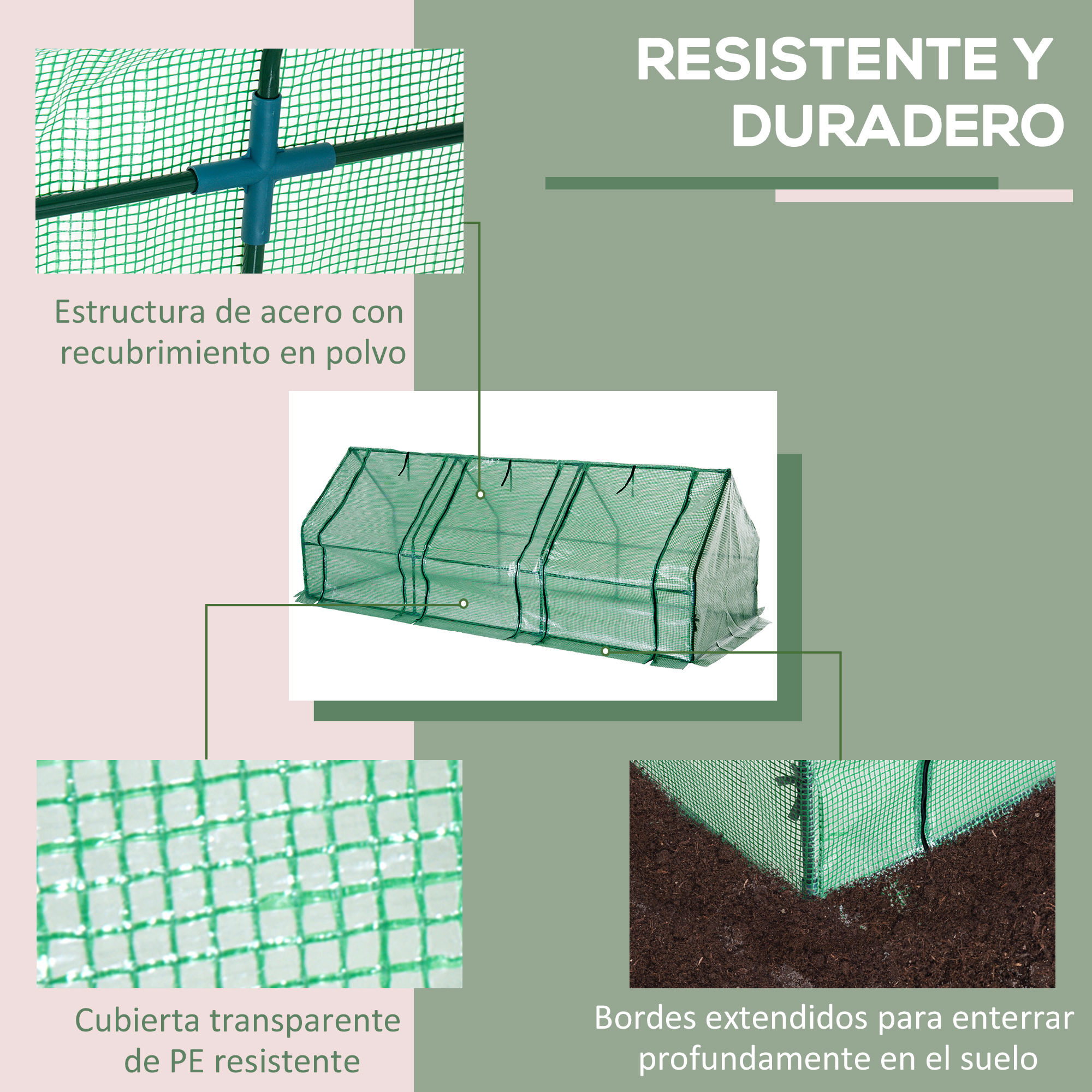 Invernadero verde con estructura de acero y cubierta de PE, para enterrar en el suelo.
