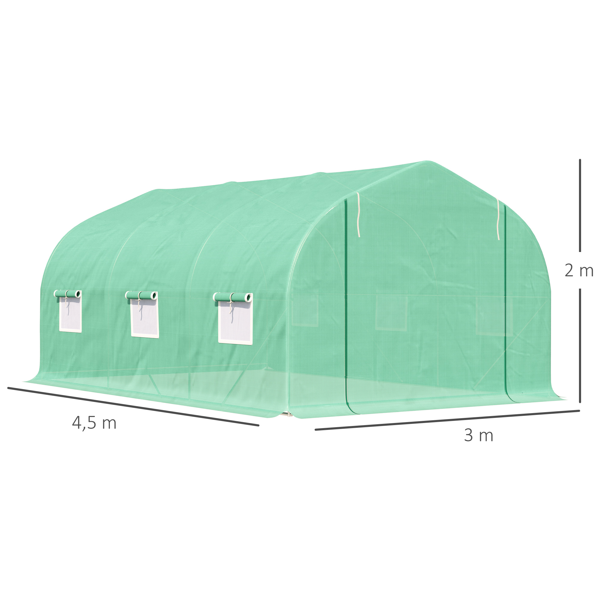 Un pequeño invernadero verde con ventanas, de 4,5x3x2m.