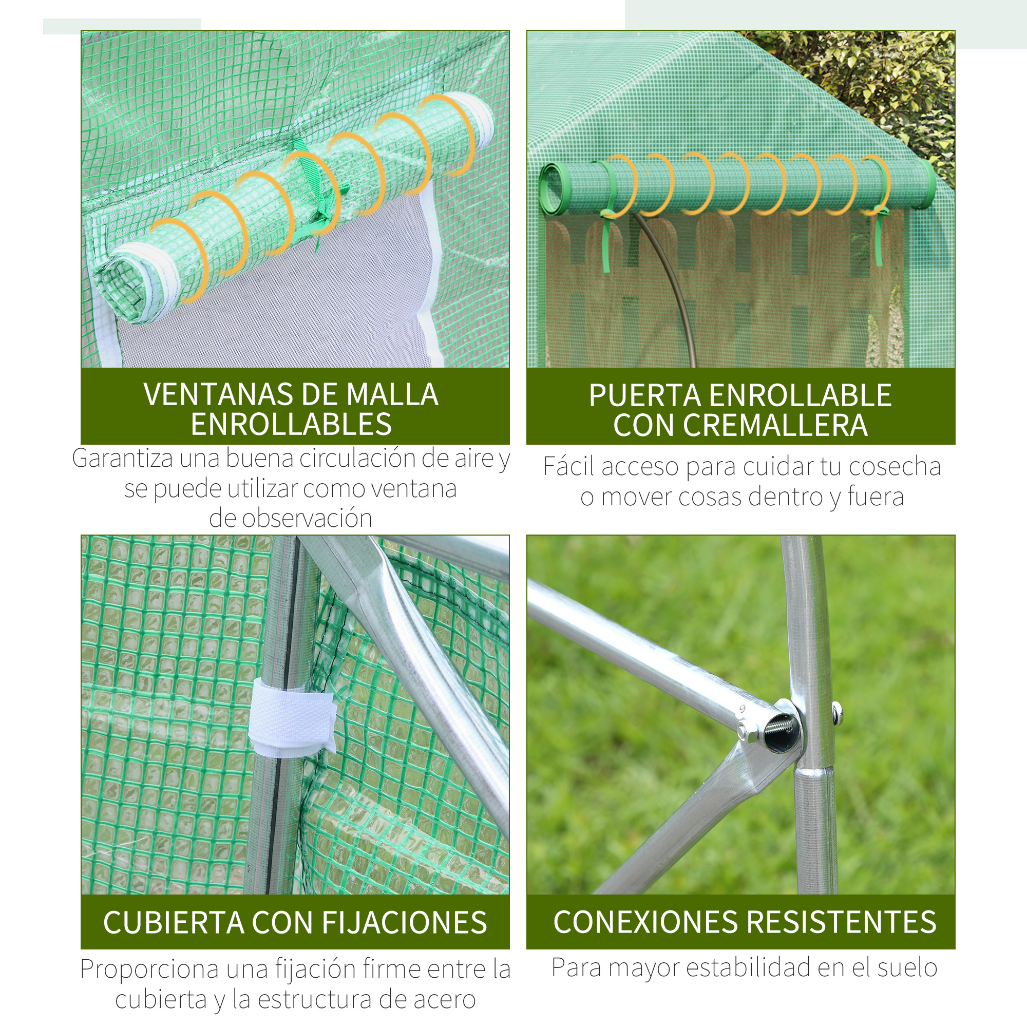 Invernadero verde con ventanas enrollables, puerta, fijaciones y conexiones.