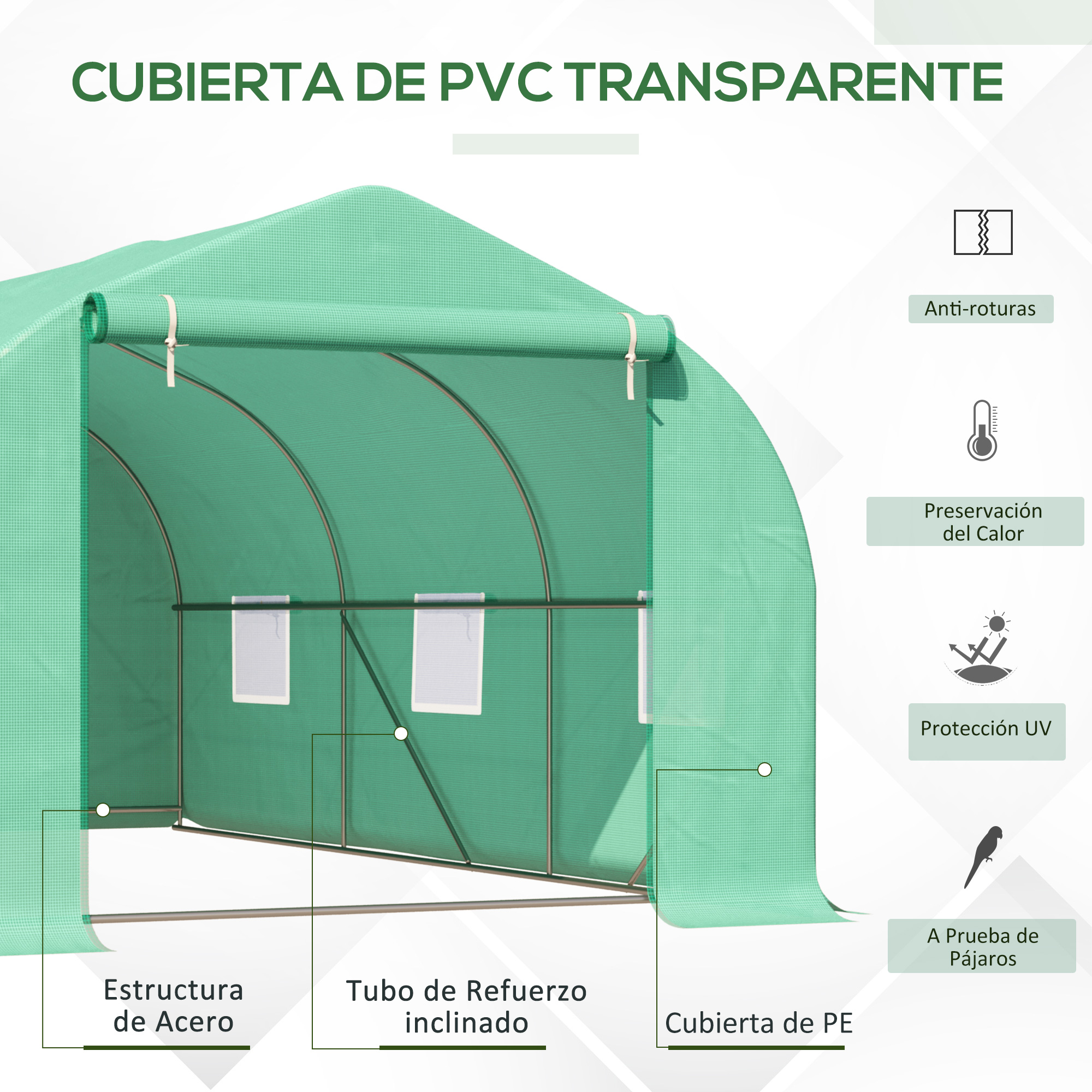 Invernadero verde de PVC con marco de acero, ventanas y protección UV.