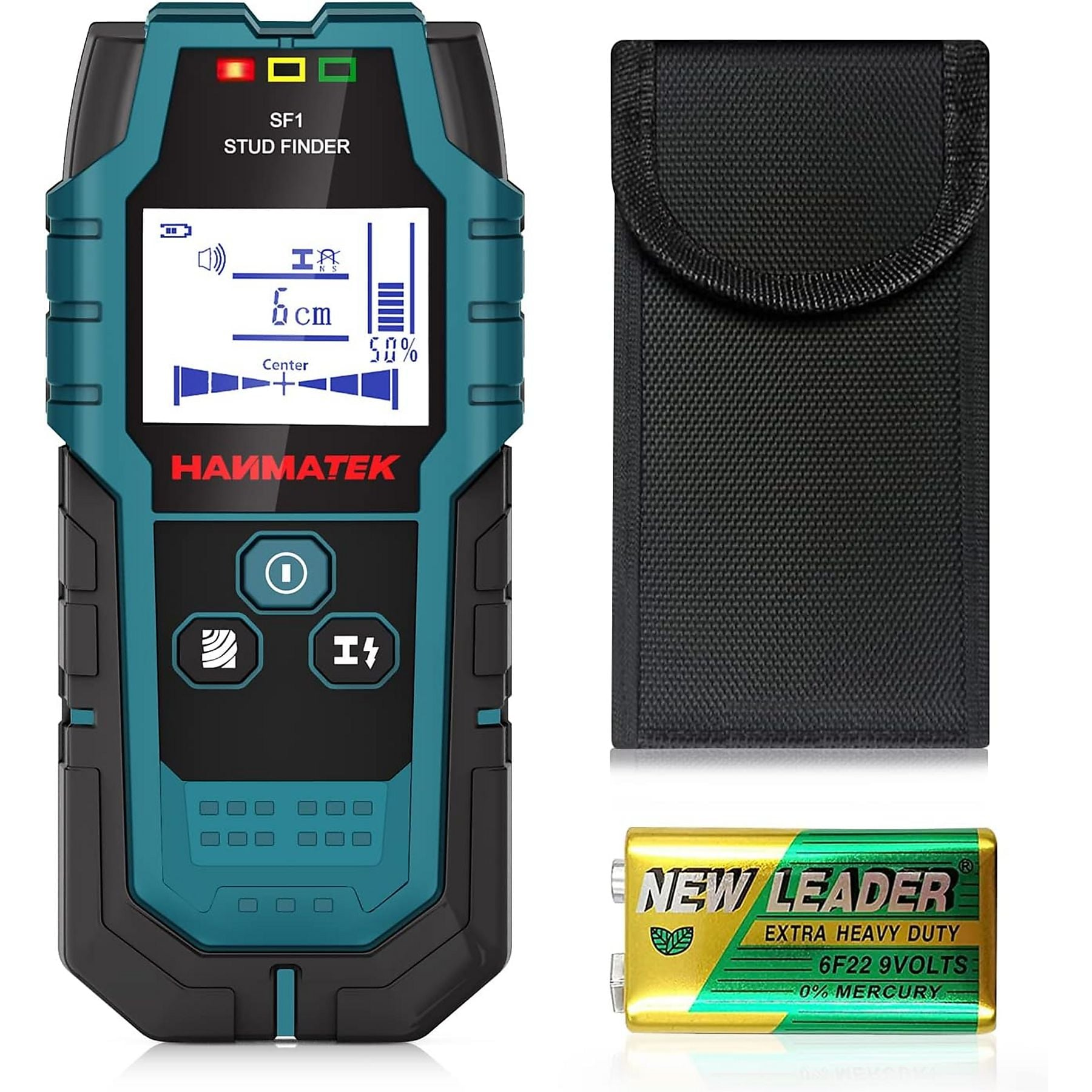 Ein blauer und schwarzer Ständerfinder mit einer 9V-Batterie und einer schwarzen Tasche.