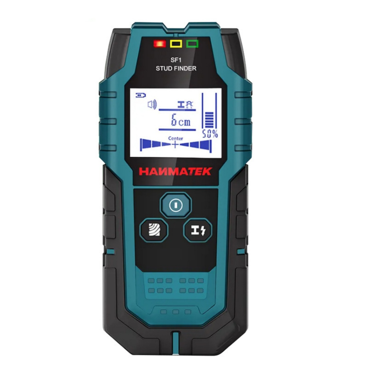Ein tealfarbener und schwarzer Ständerfinder mit LCD-Bildschirm, der 6 cm anzeigt.