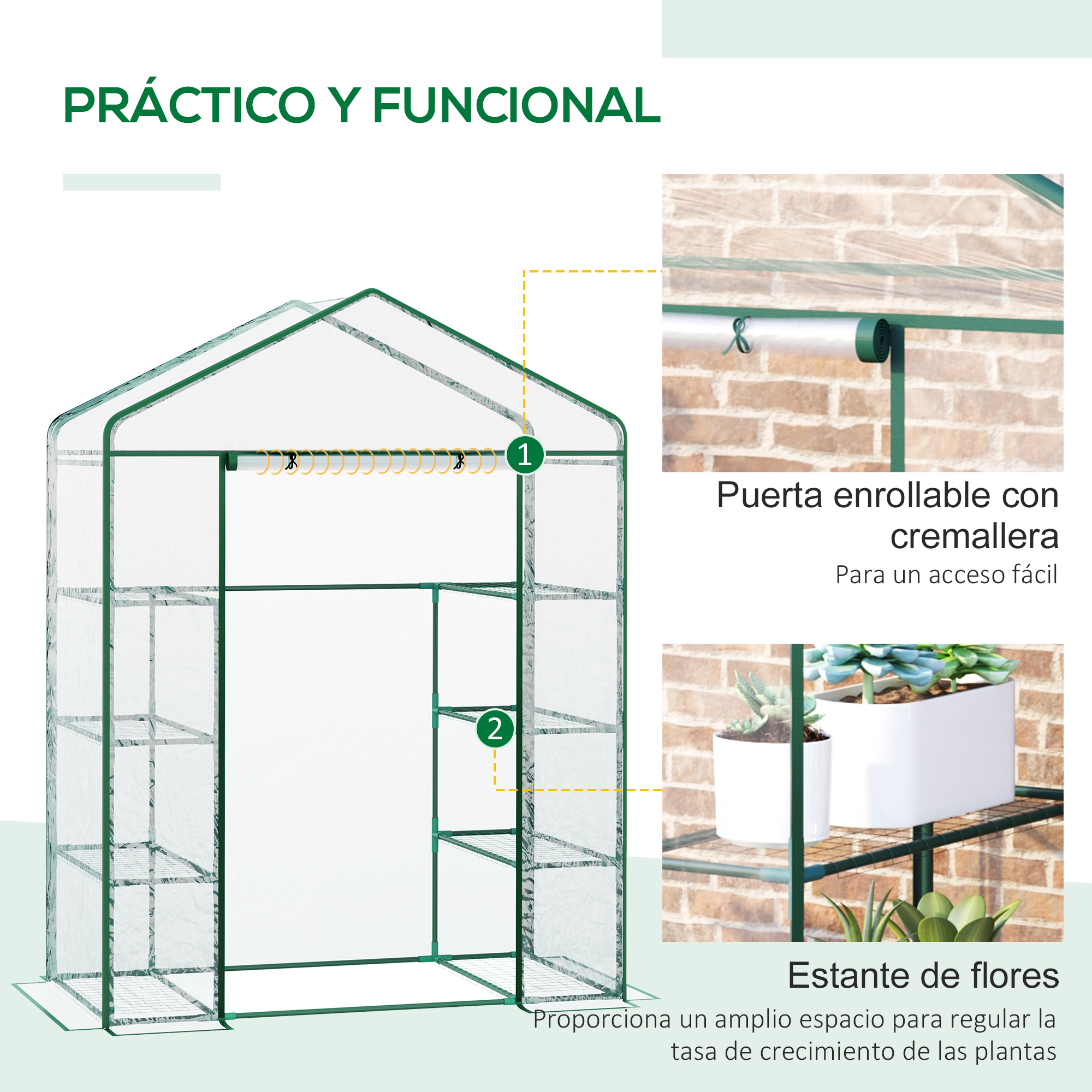 Un invernadero verde con estantes y puerta enrollable con cremallera.