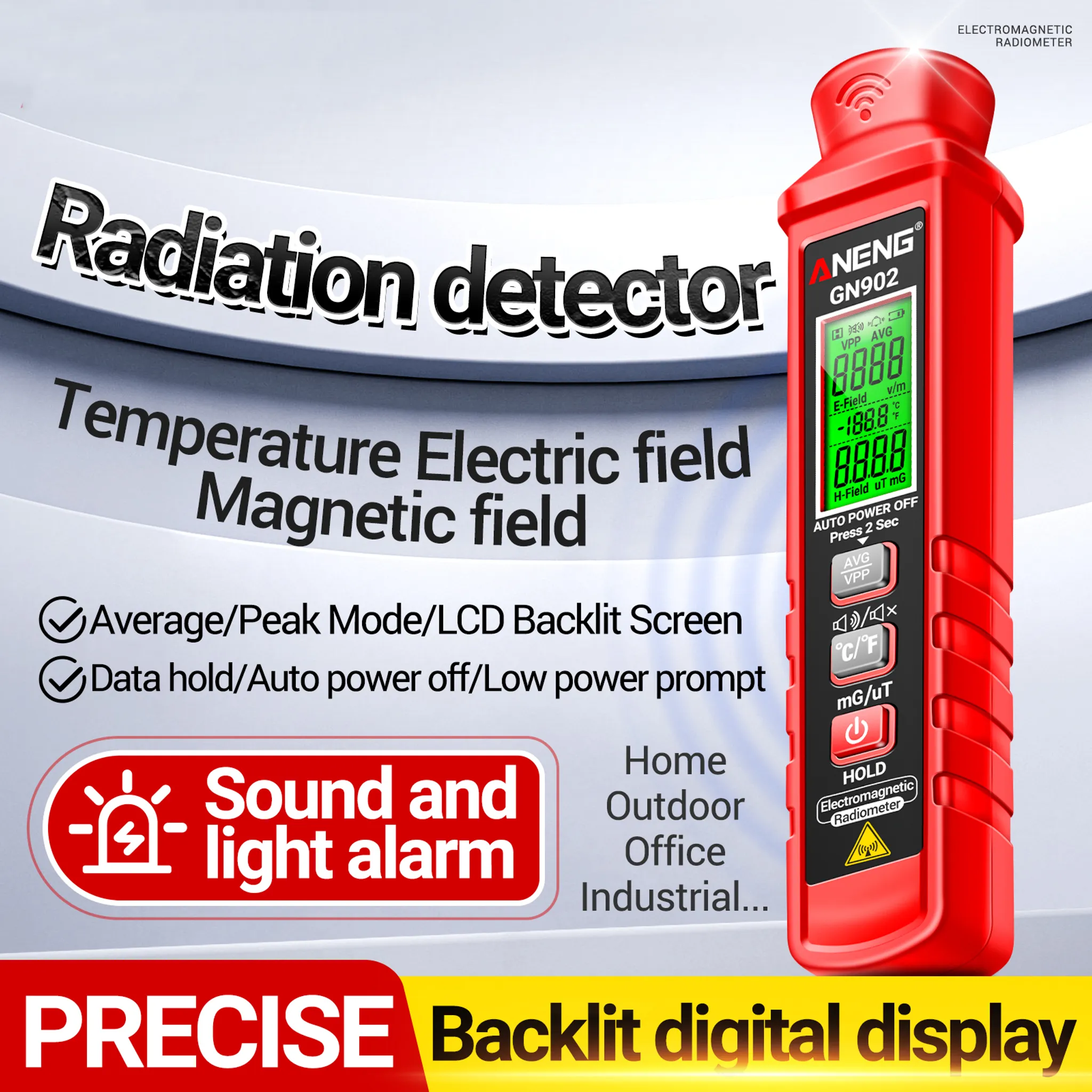 Roter Strahlungsdetektor GN902 mit digitalem Display und Tasten.