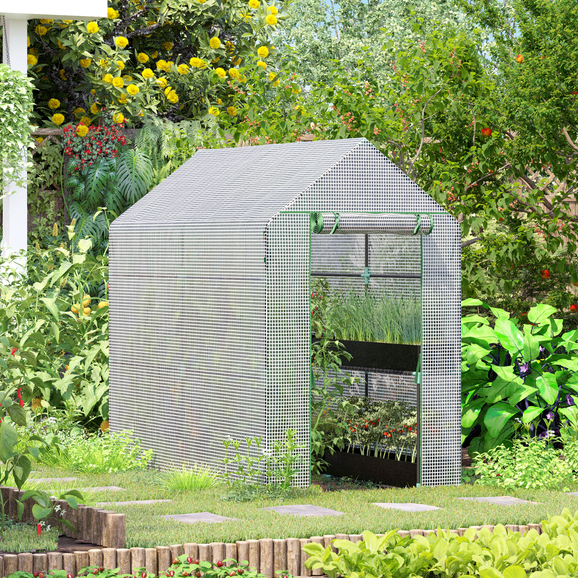 Un invernadero con plantas en un jardín, rodeado de árboles y flores.