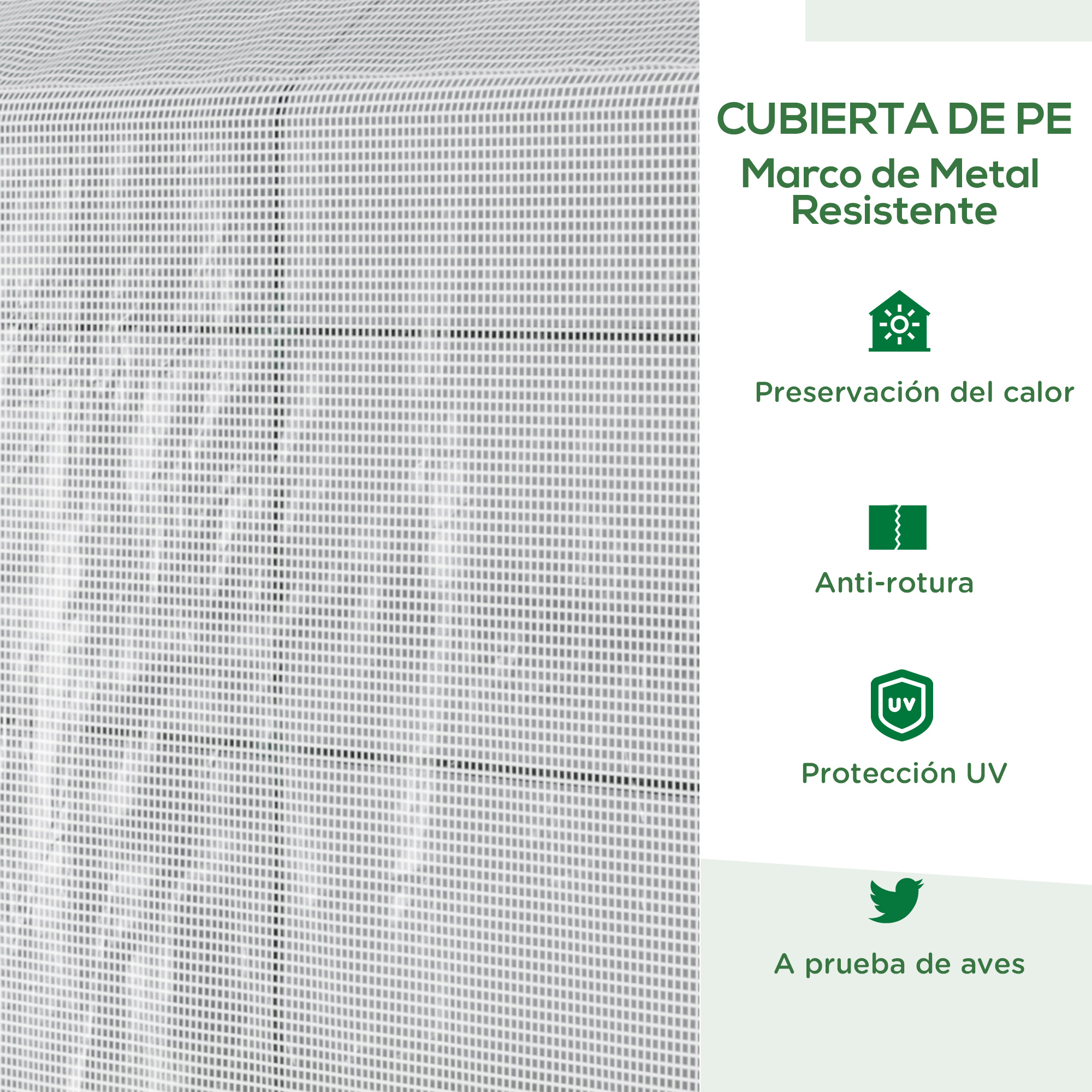 Cubierta de PE con marco de metal resistente, preserva el calor, anti-rotura.