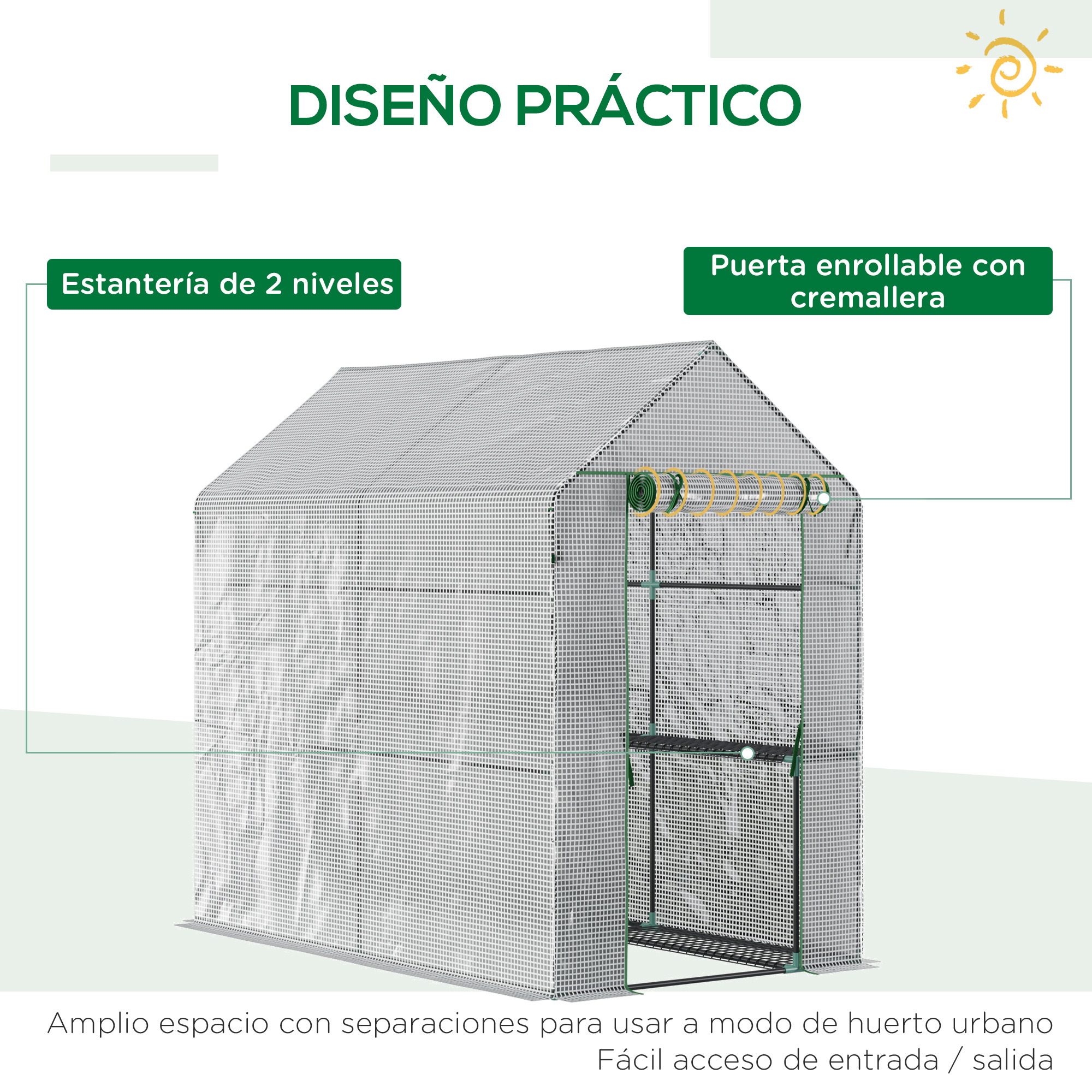 Un invernadero con 2 estantes y puerta enrollable con cremallera.