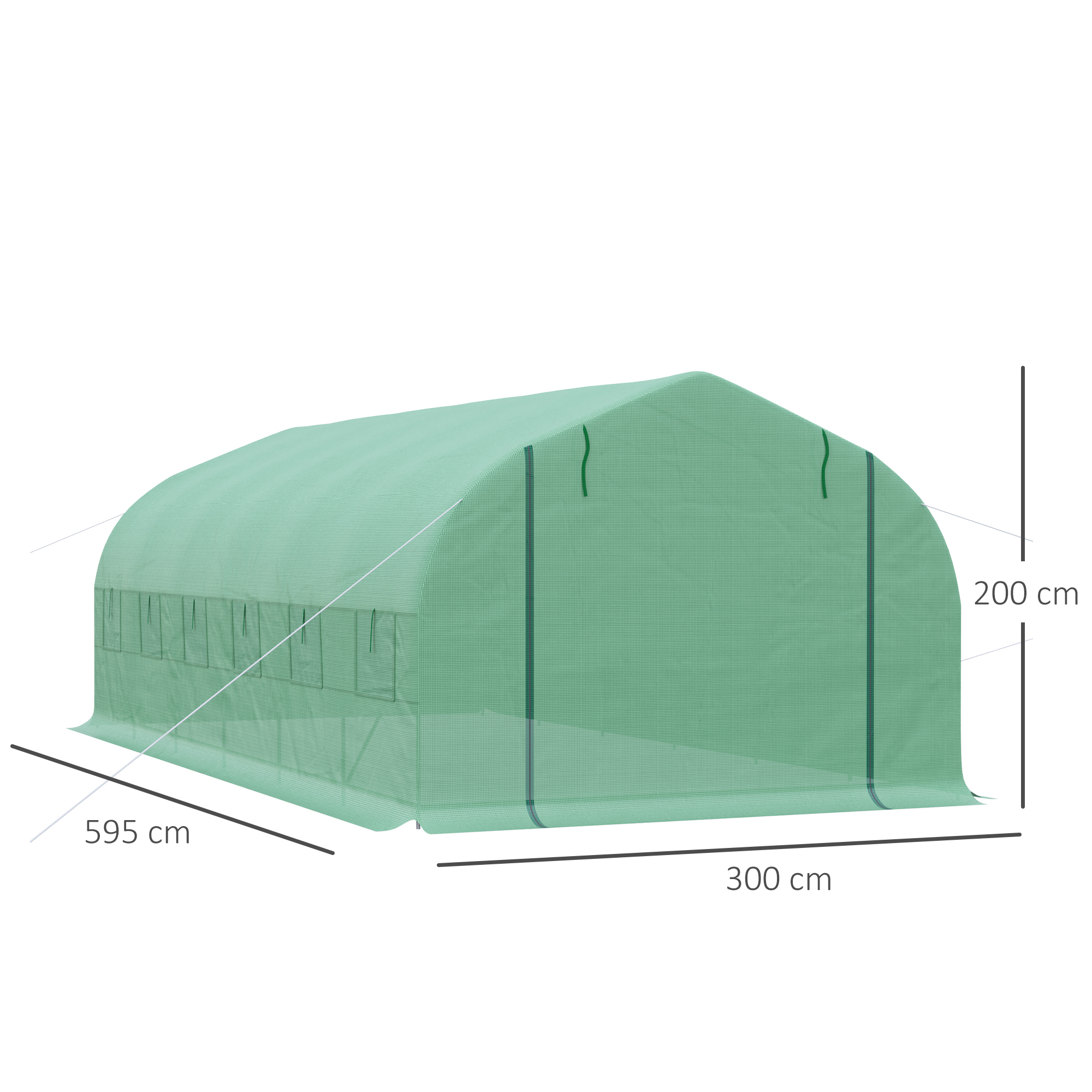 Un invernadero verde con dimensiones 300x595x200 cm.