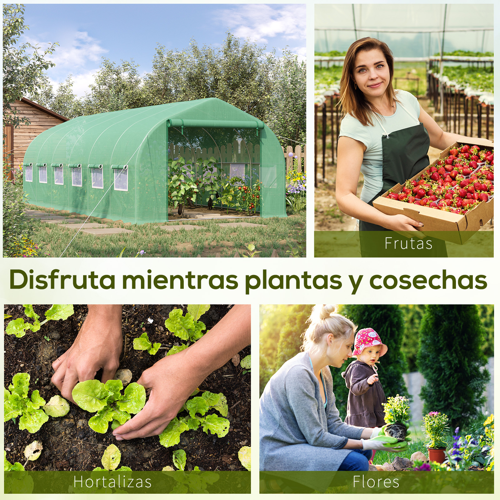 Tres escenas: un invernadero, mujer con fresas y familia en jardín.