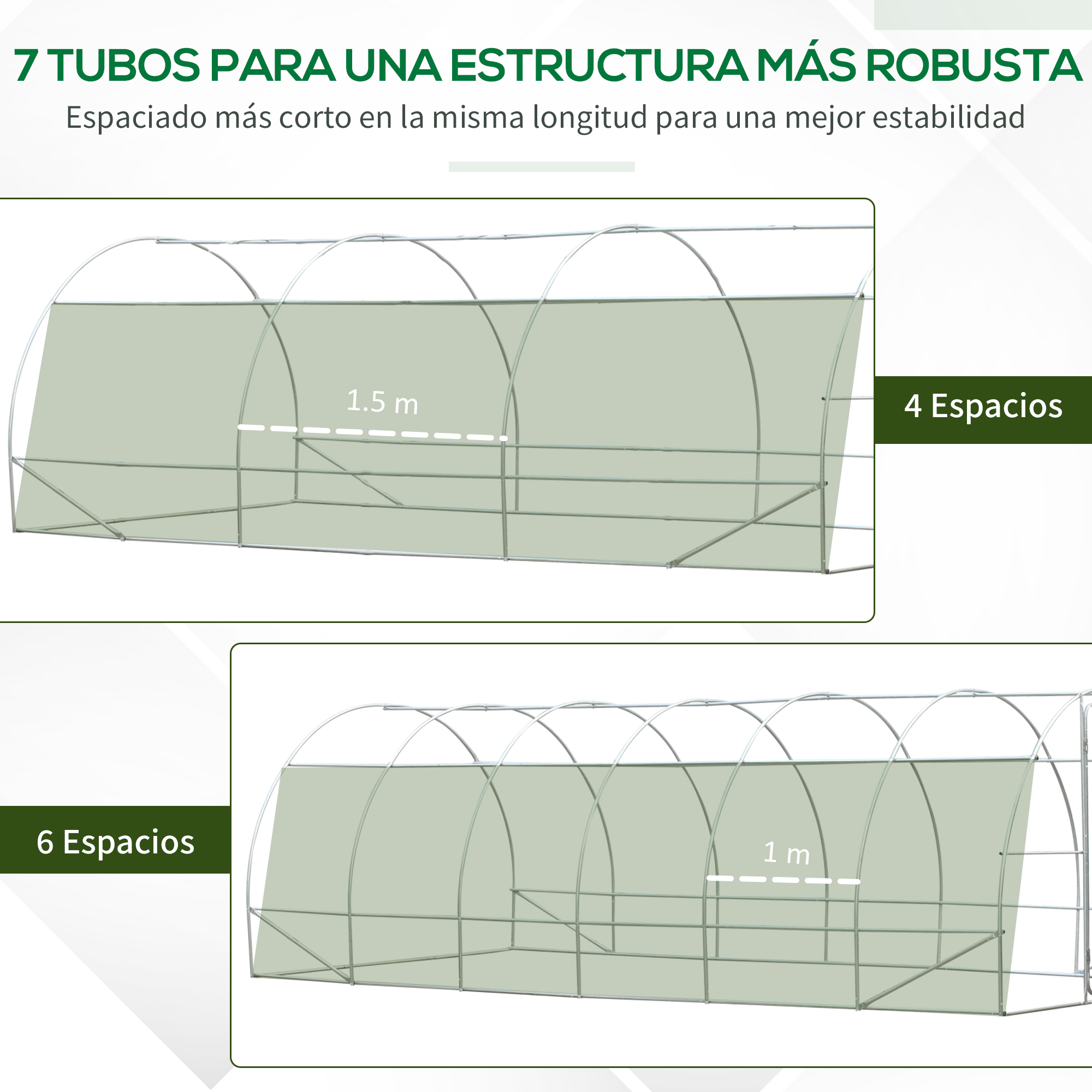 Estructura de invernadero con 4 o 6 espacios. 1,5m y 1m de separación.