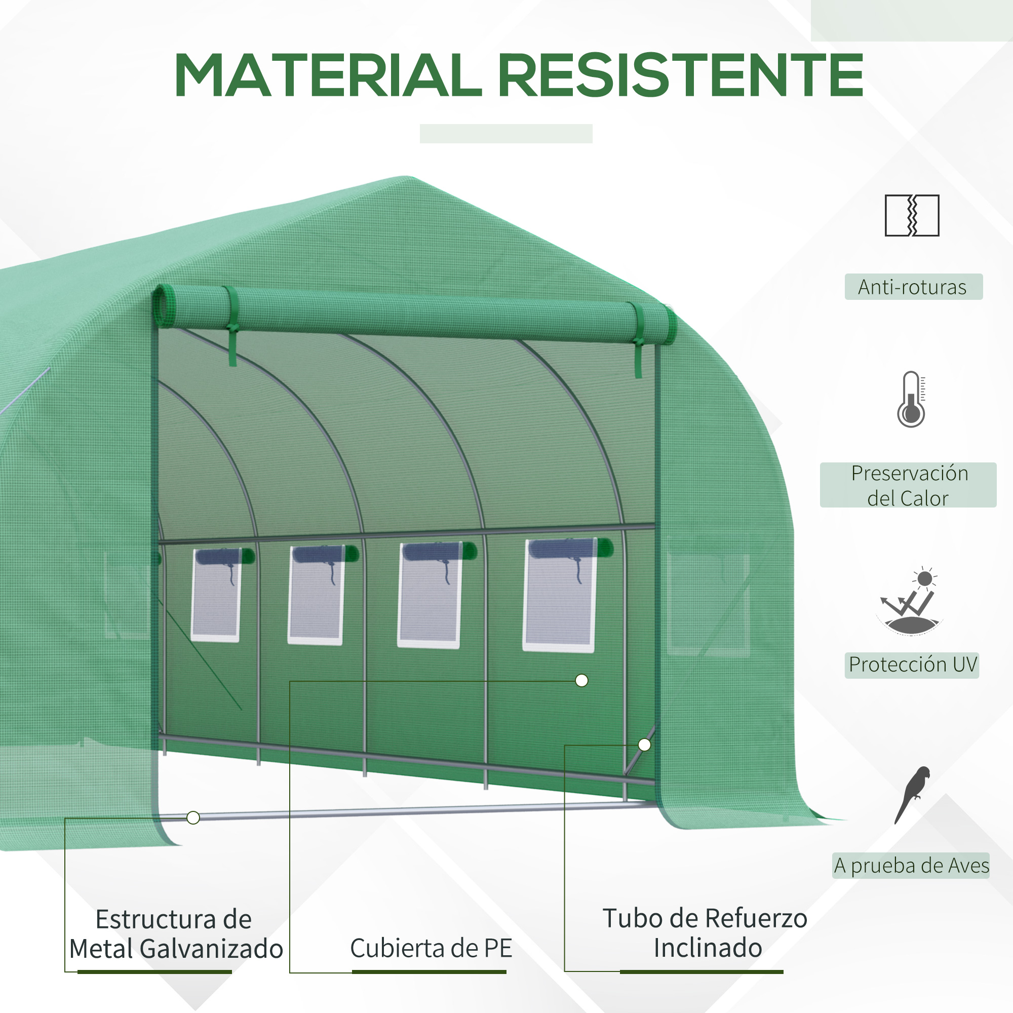 Invernadero verde con ventanas y estructura metálica. Etiquetas de materiales y características.