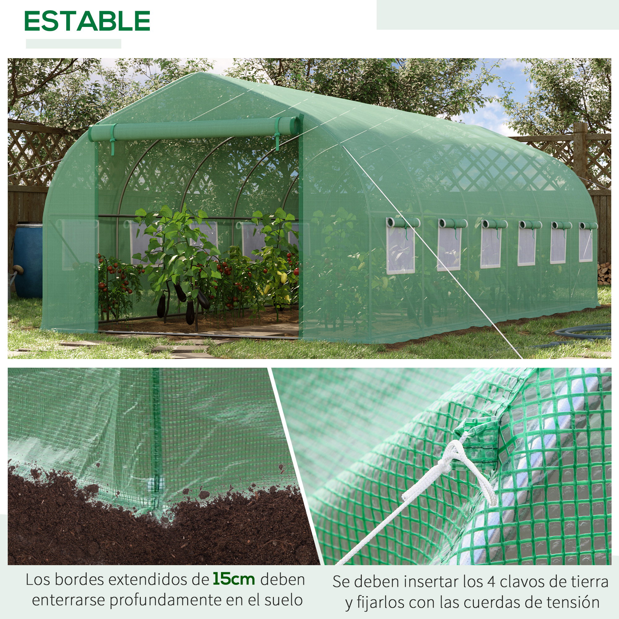 Invernadero verde con plantas, tierra y detalles de anclaje.