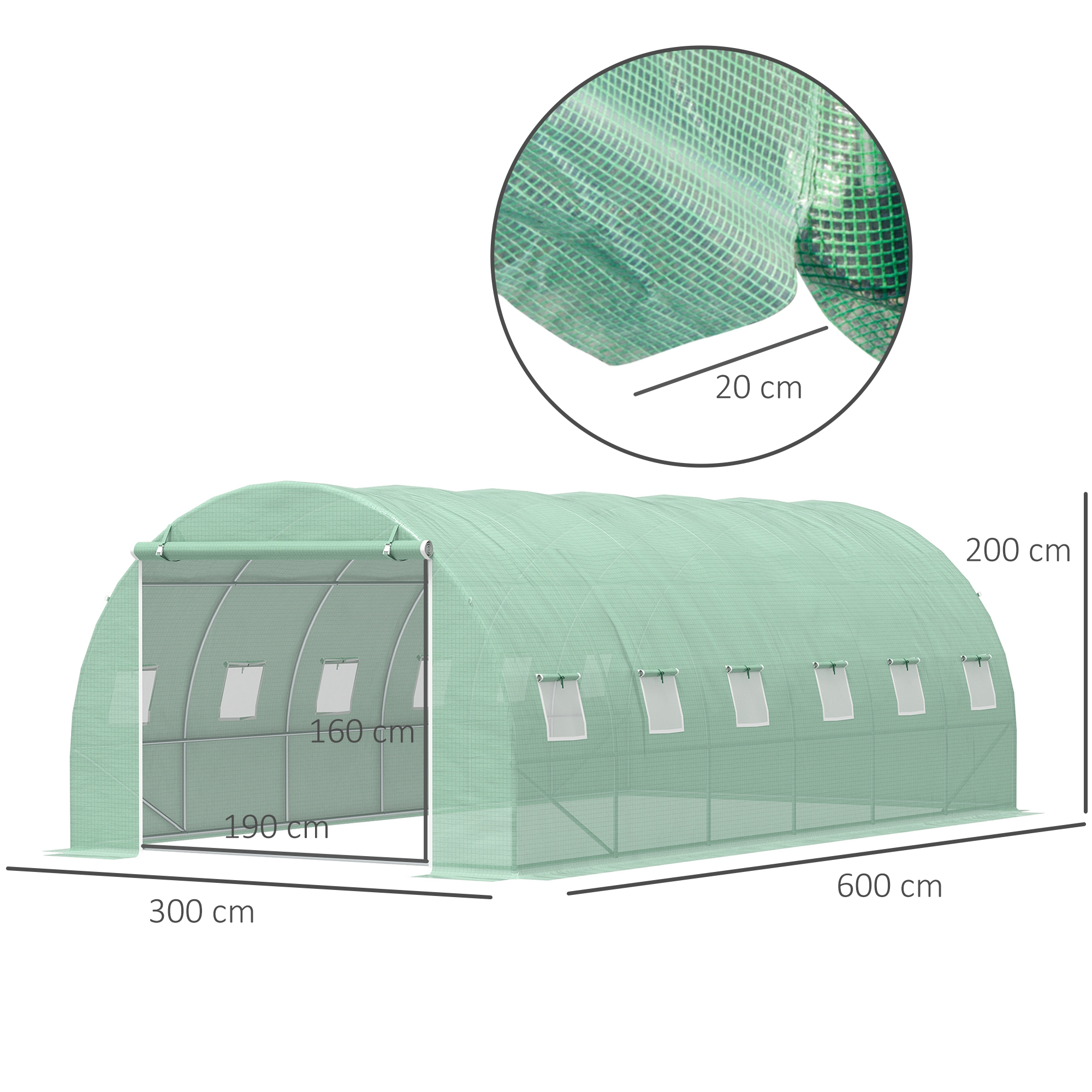 Un invernadero verde con dimensiones. Tiene ventanas y una puerta abierta.