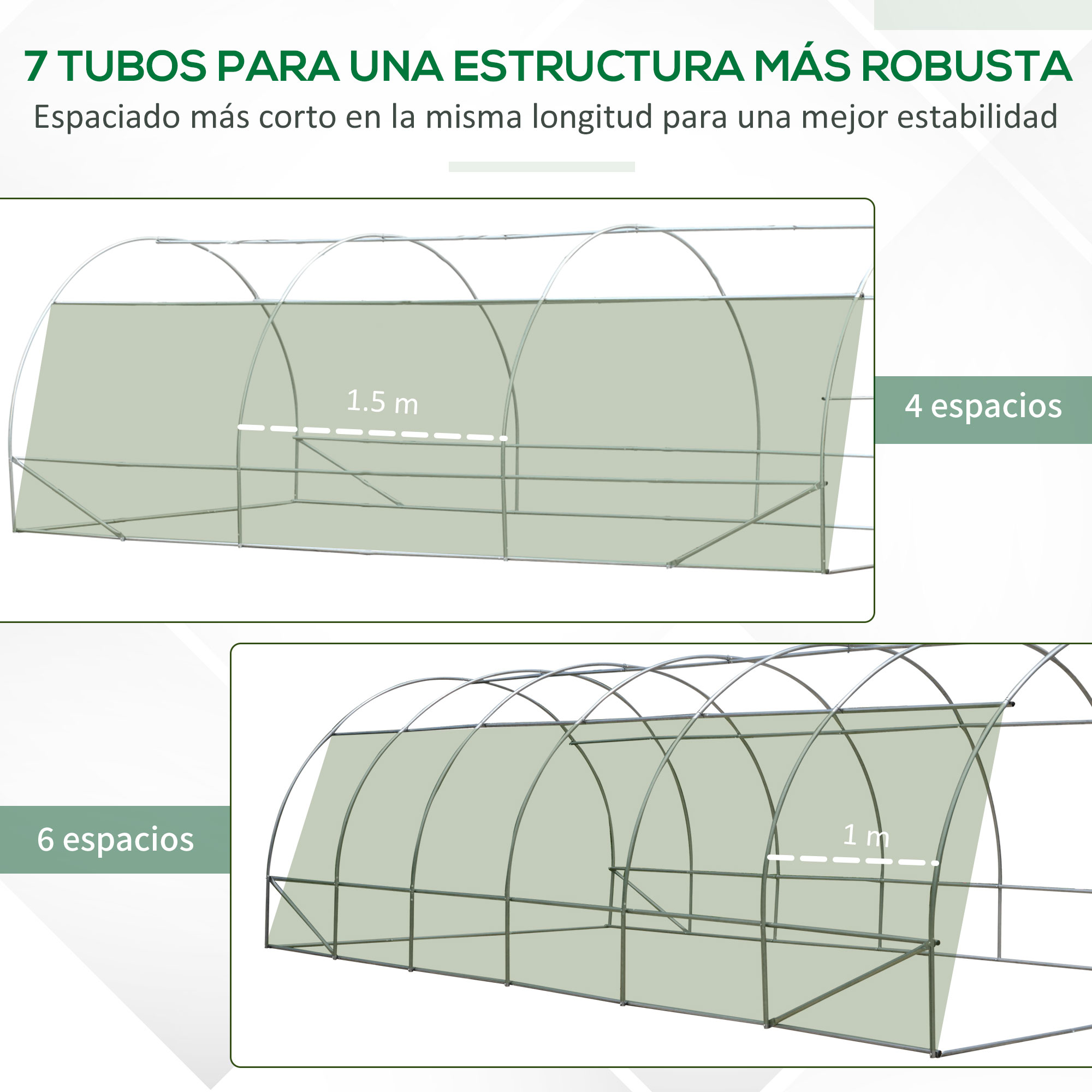 Dos estructuras de invernadero, una con 4 espacios (1.5m de separación), otra con 6 espacios.