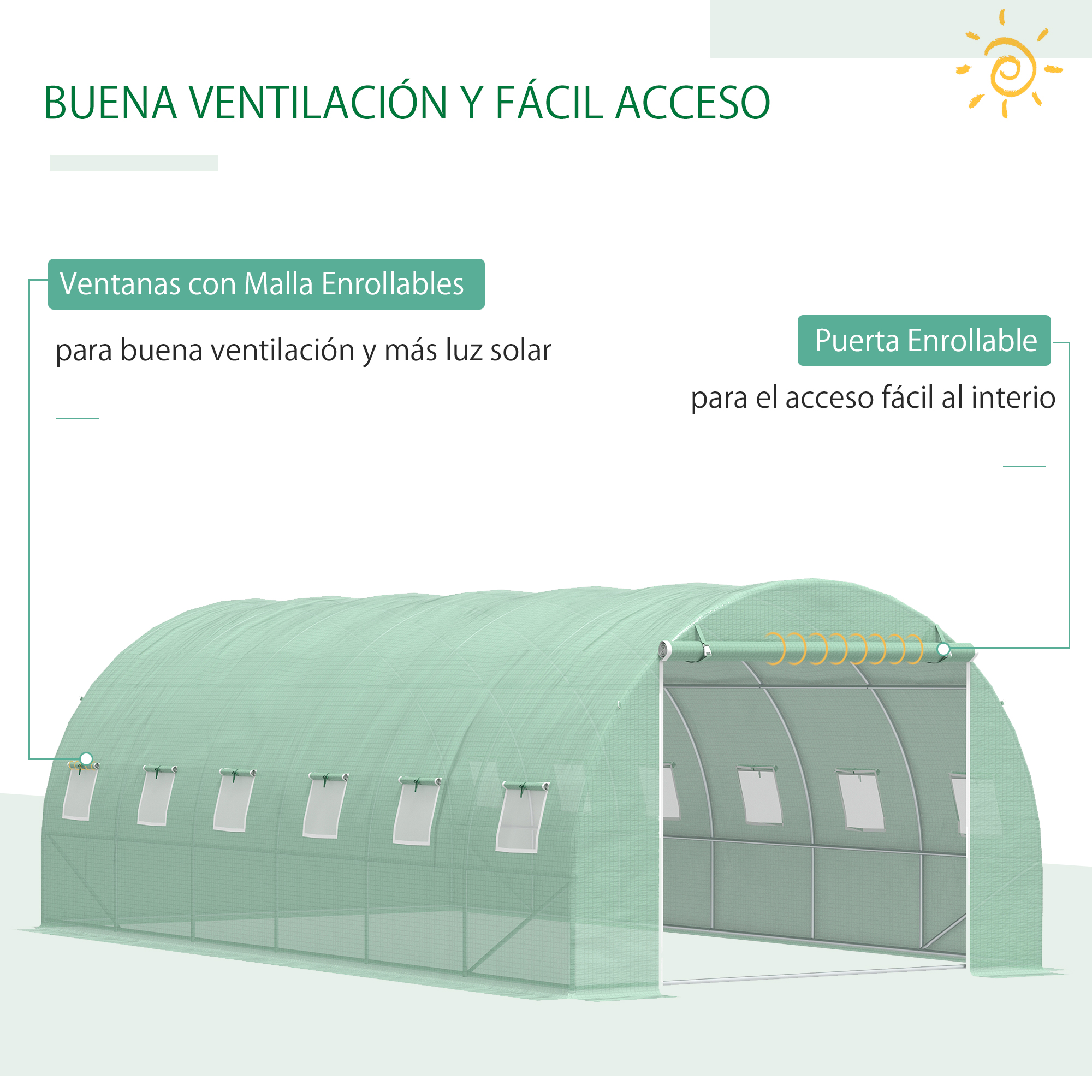 Invernadero verde con ventanas y puerta, buena ventilación.