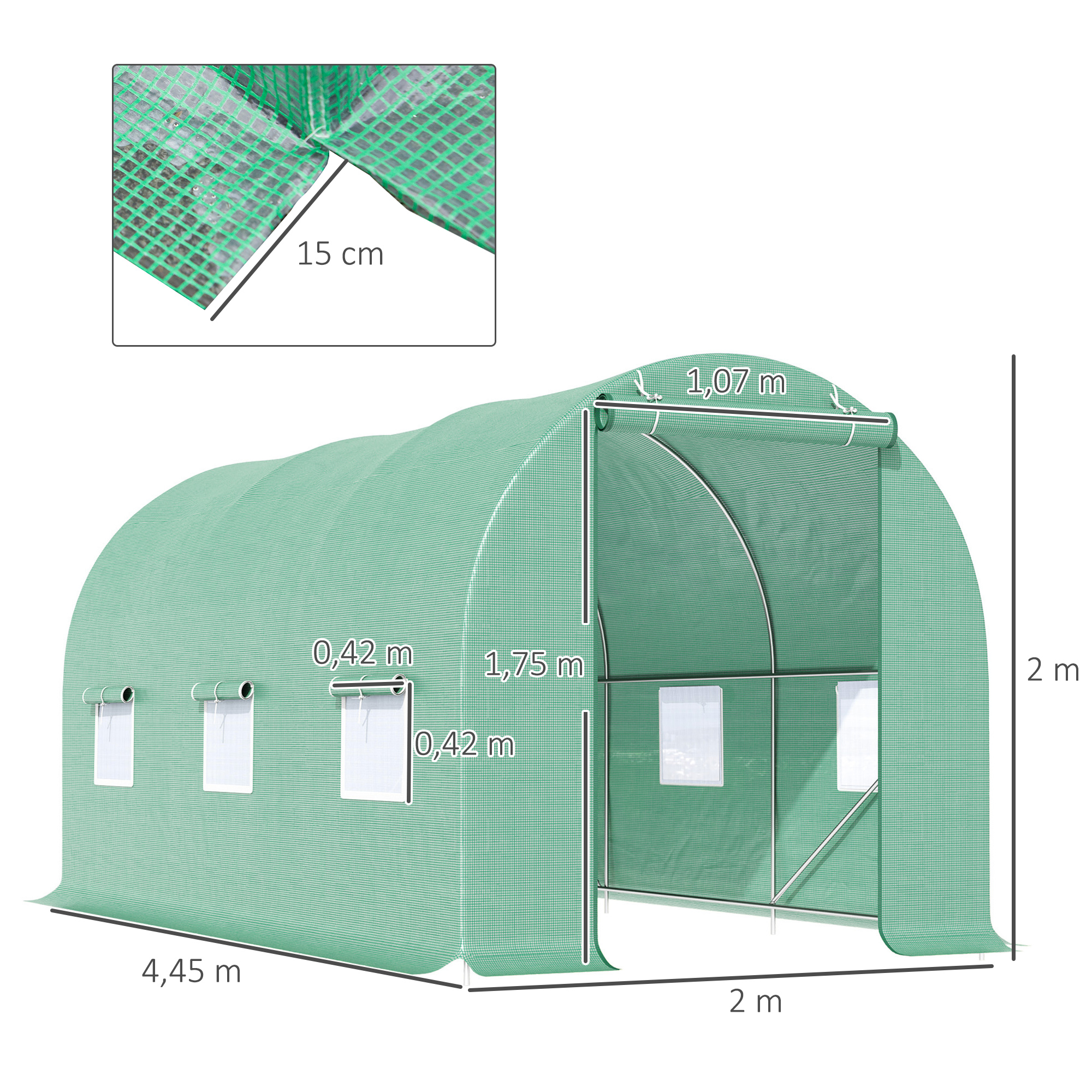 Un invernadero verde con dimensiones 4,45m x 2m x 1,75m y ventanas.