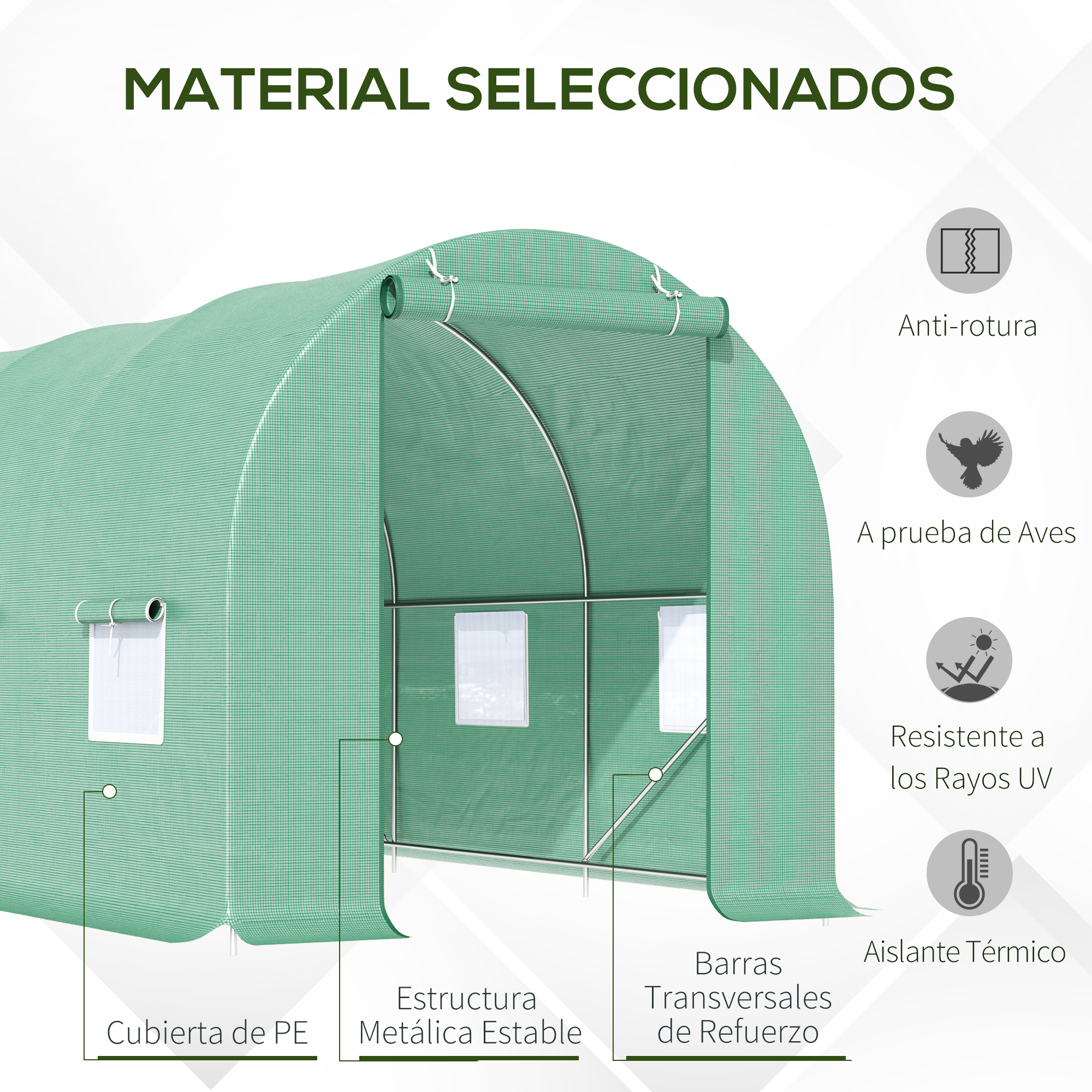 Invernadero verde con marco metálico, cubierta de PE, ventanas y barras.