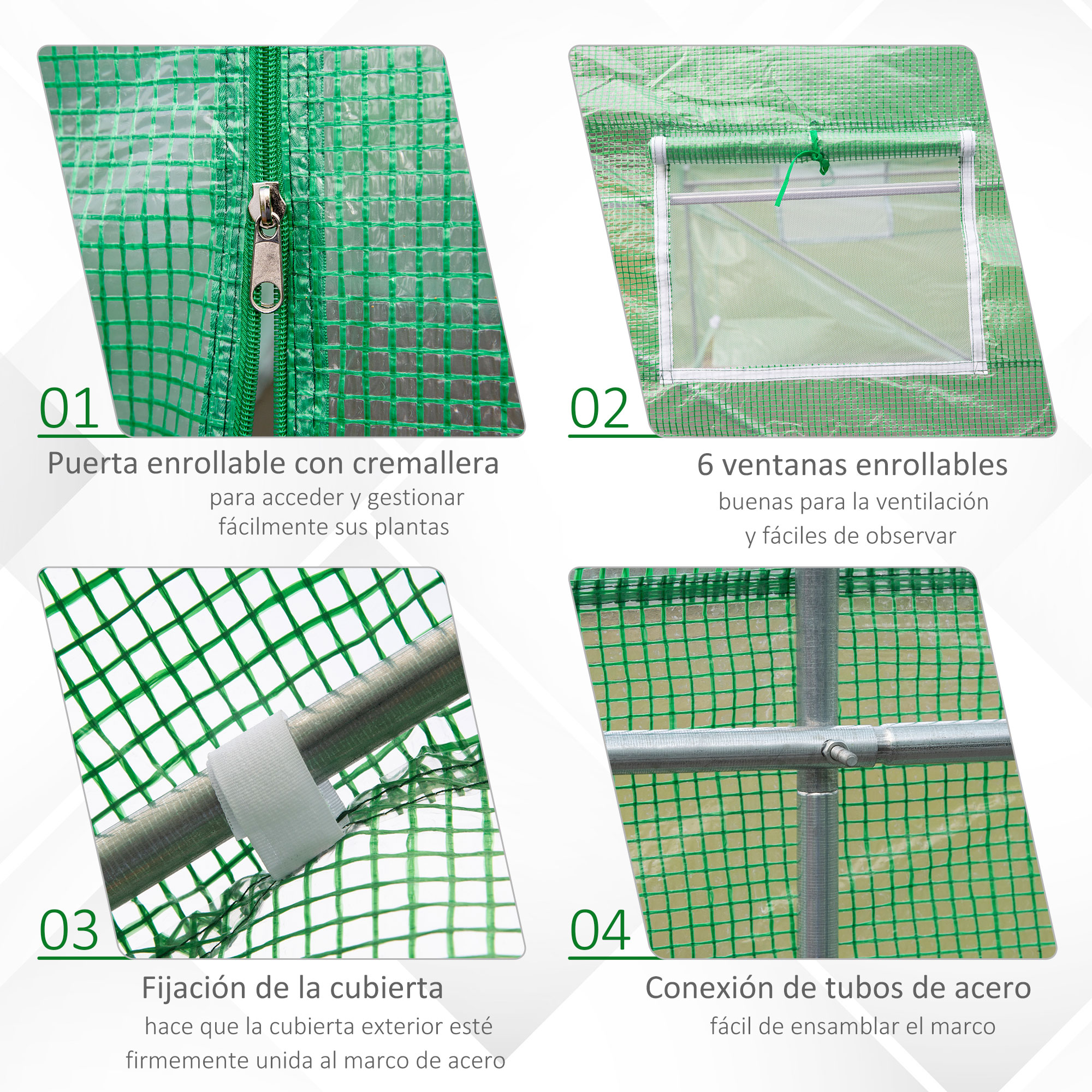 Invernadero verde con cremallera, ventanas y marco de metal.