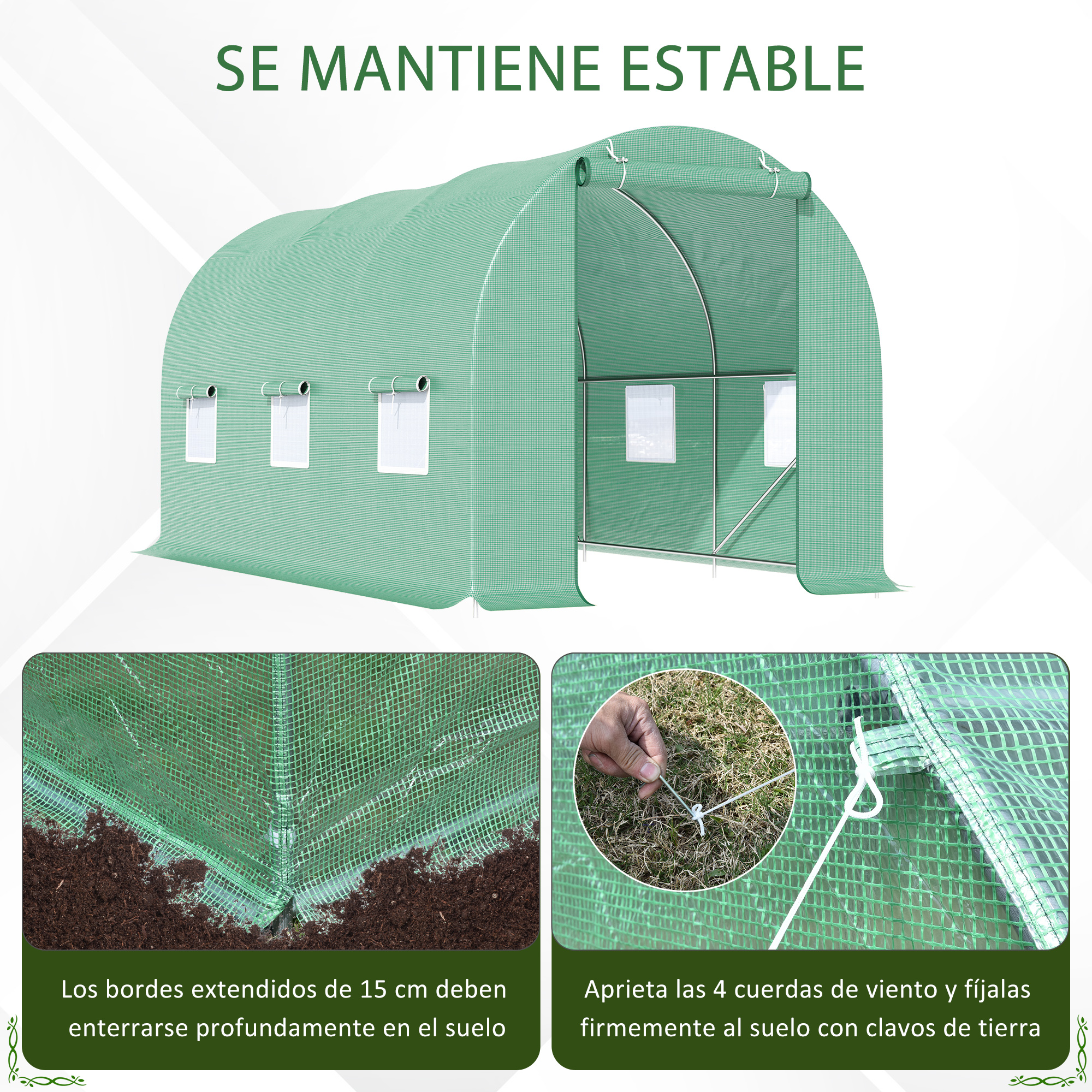 Un invernadero verde con ventanas y fijación con ancla al suelo.