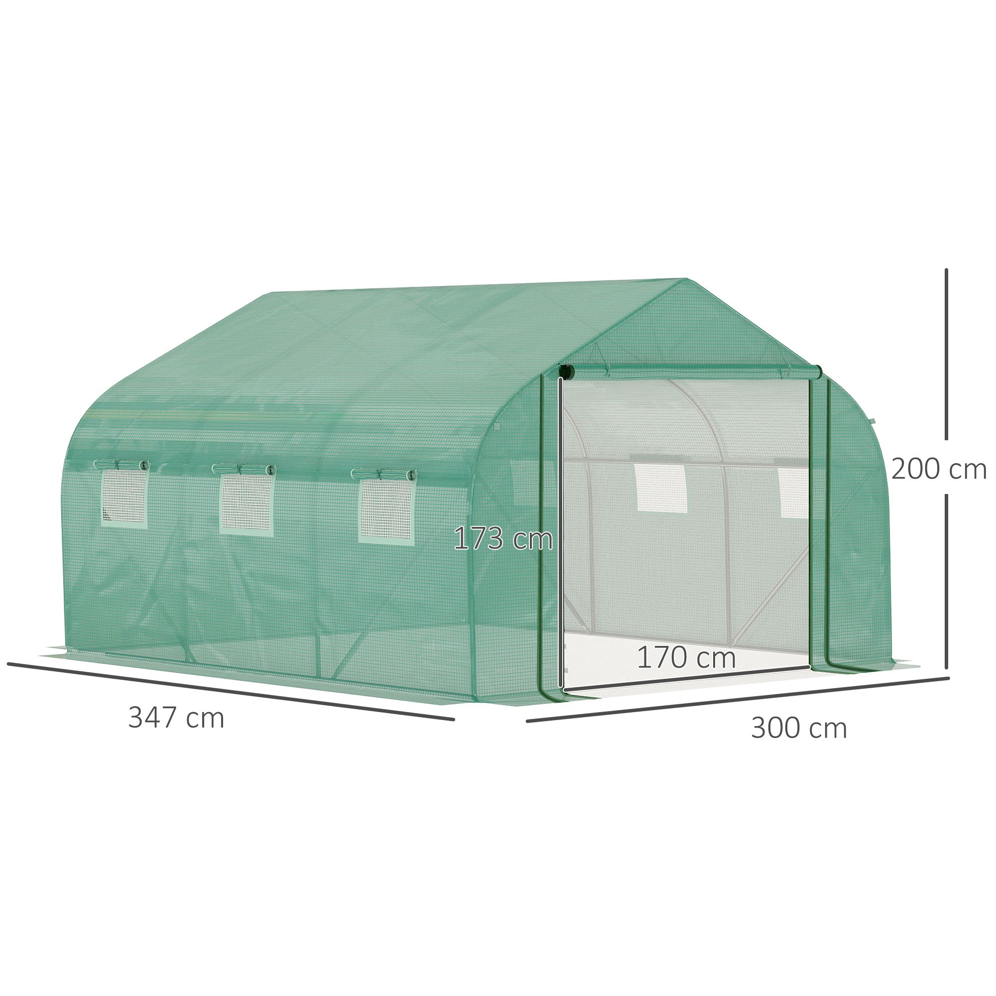 Invernadero verde con puerta enrollable y ventanas, dimensiones 347x300x200cm.