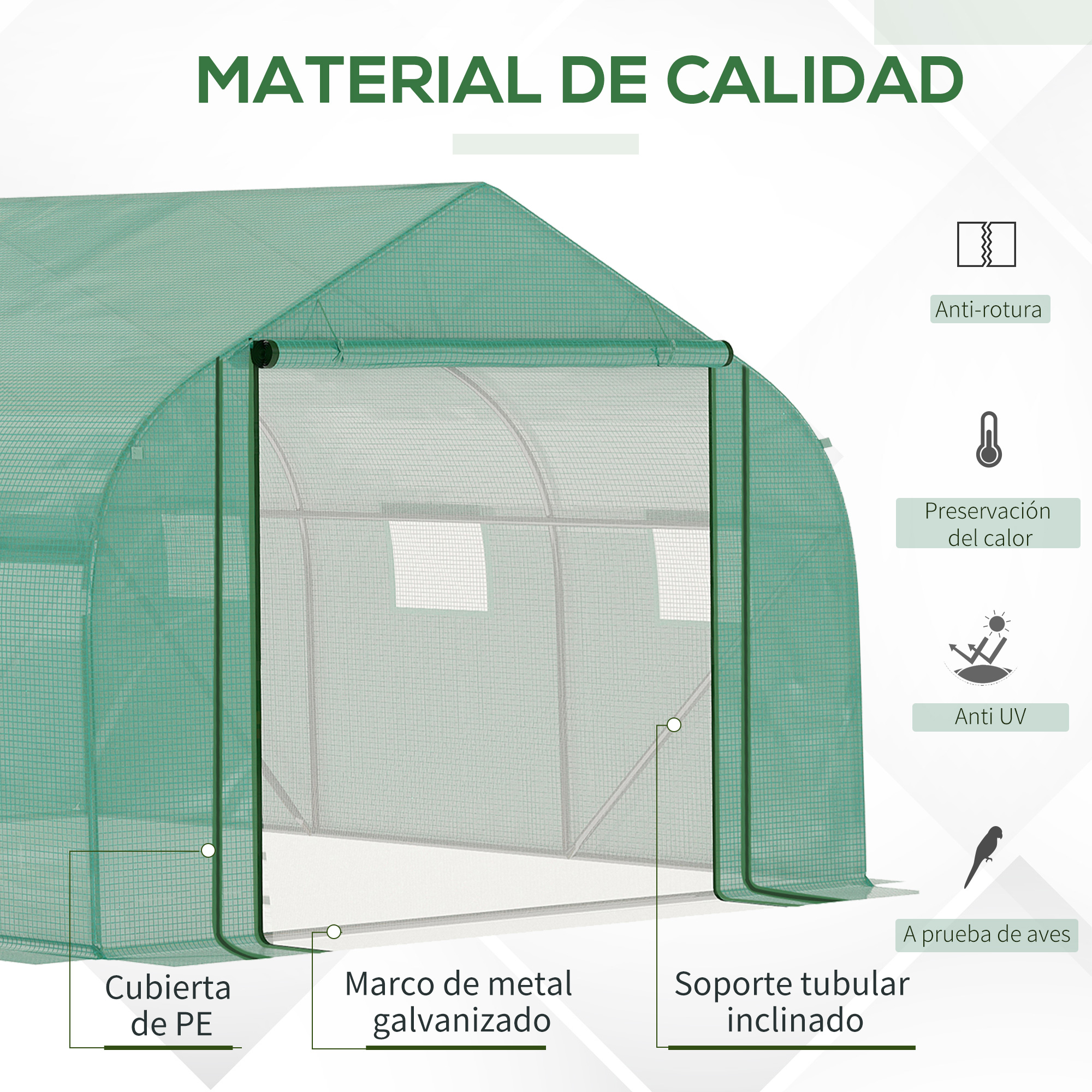 Invernadero verde con marco de metal y cubierta de PE. Tiene una puerta.