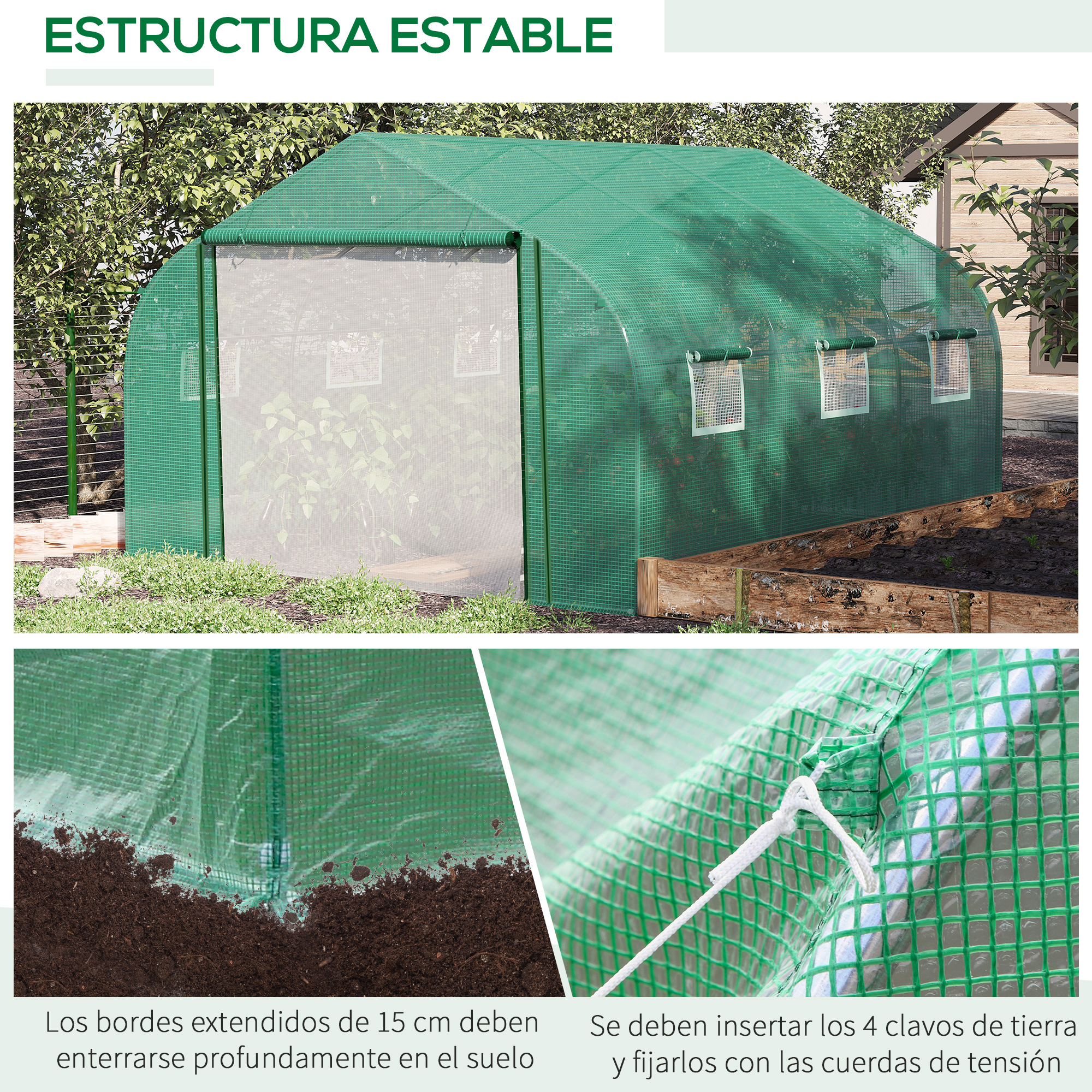 Invernadero verde con ventanas, al aire libre. Detalles abajo.