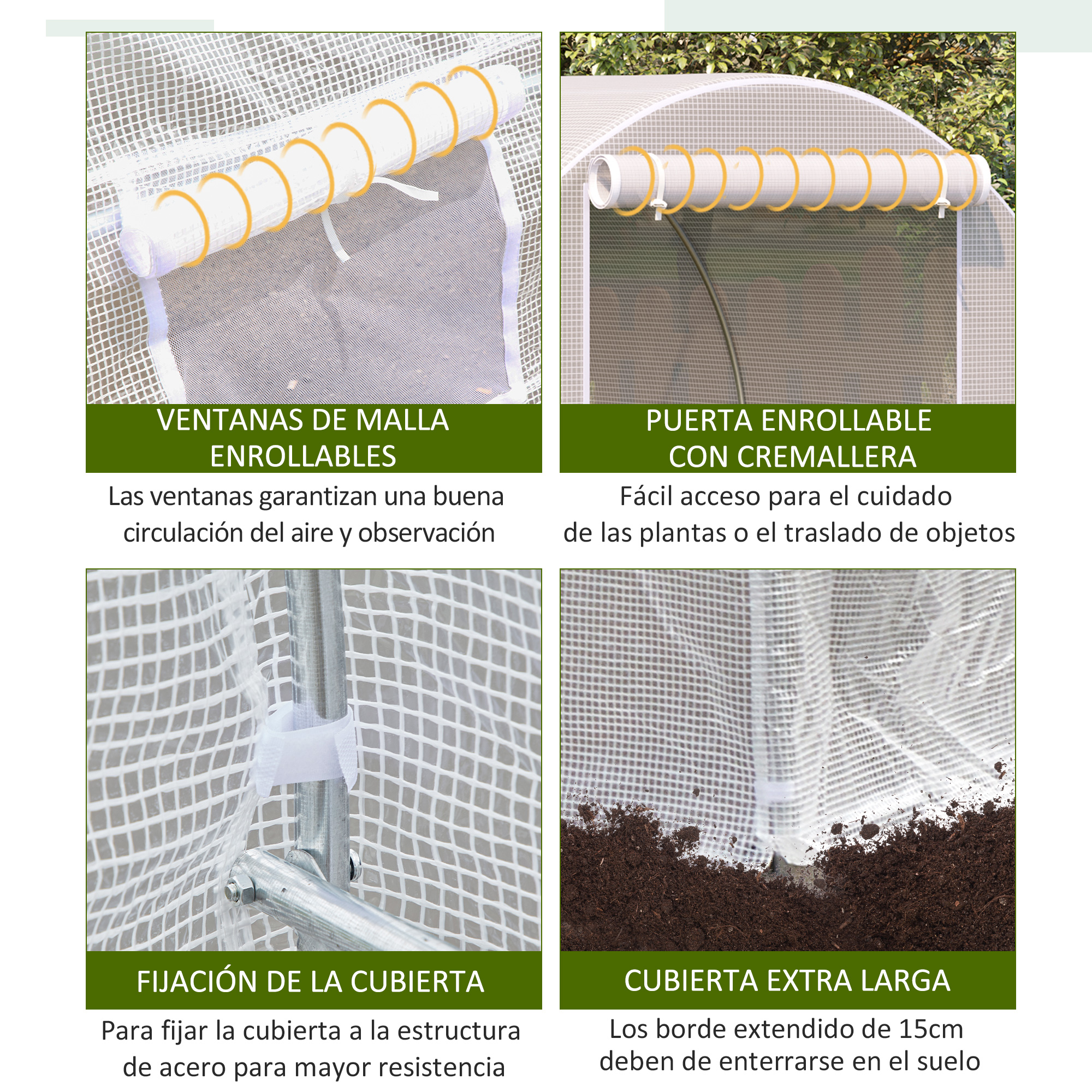 Invernadero con ventanas enrollables, puerta y cubierta extra larga.