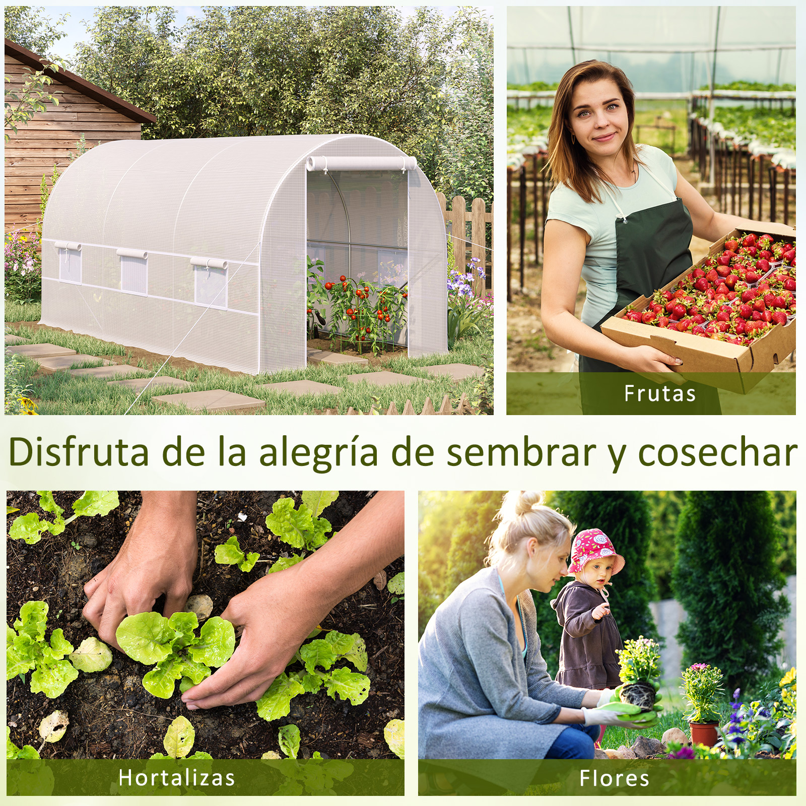Un diseño de jardín con invernadero, bayas, plantas y una mujer con un niño.