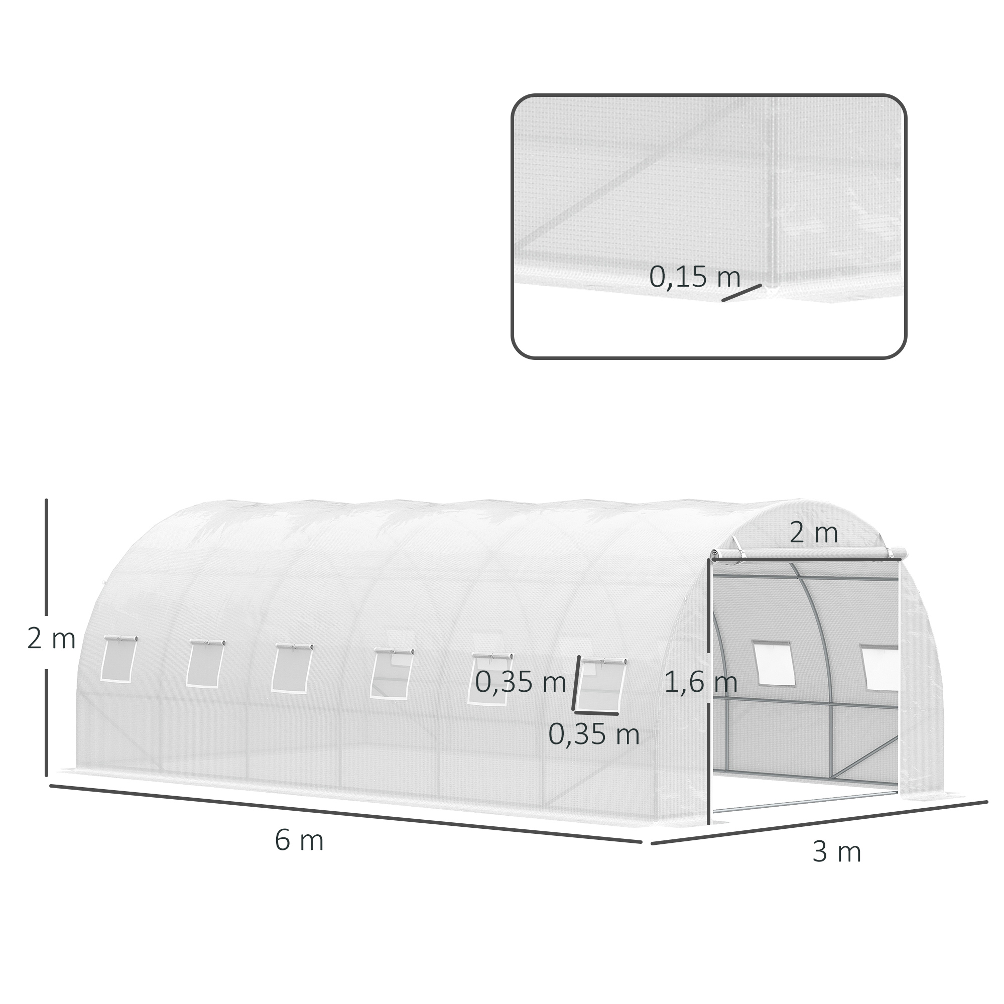 Invernadero túnel blanco, 6m largo, 2m alto, 3m ancho, con ventanas.