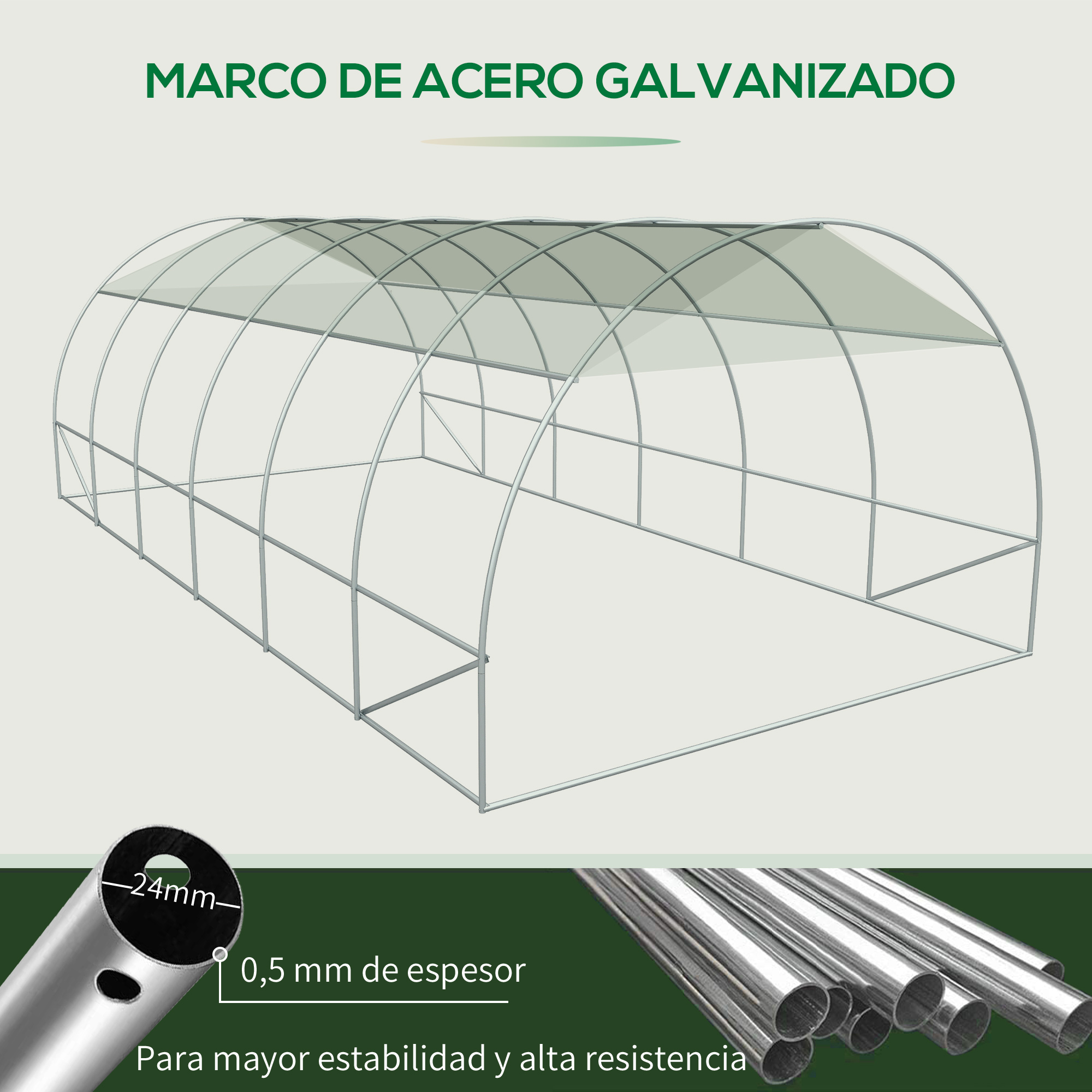 Marco de acero galvanizado para invernadero. Primer plano de tubos.
