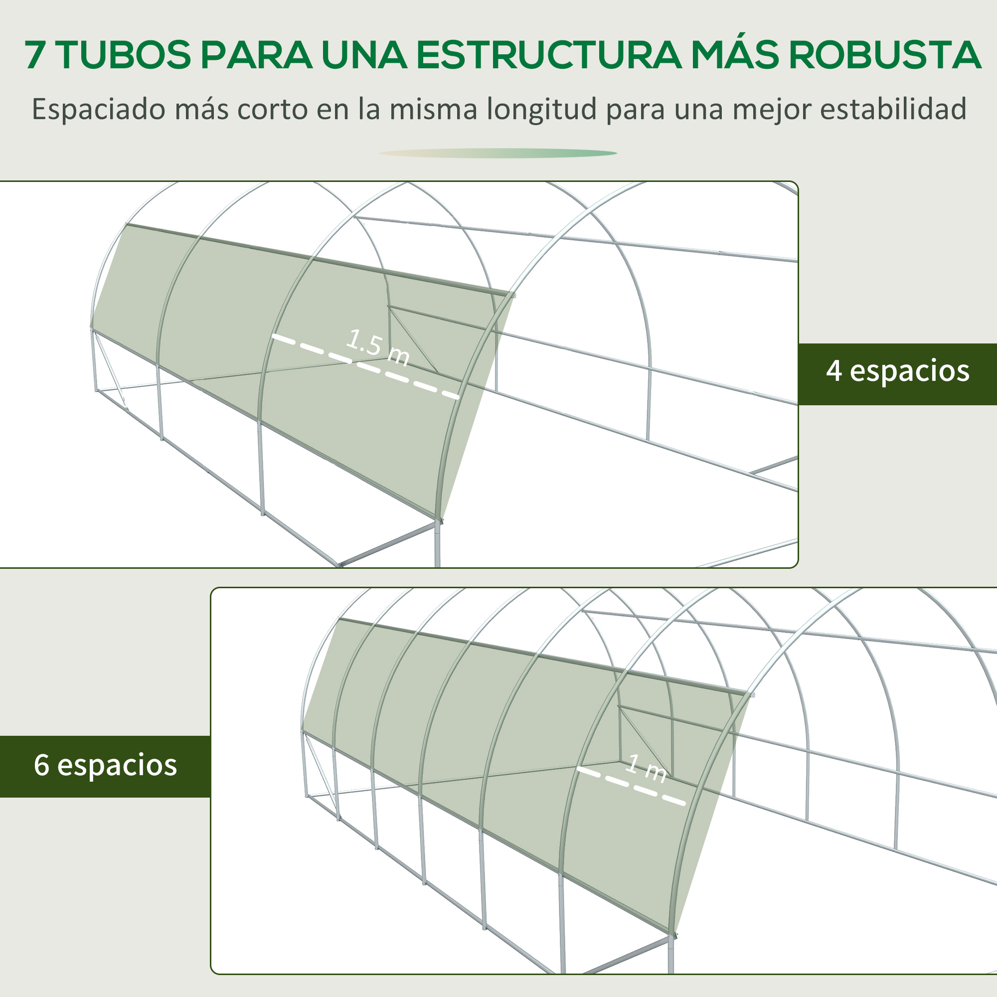 Dos estructuras de invernadero, una con 4 y otra con 6 espacios, mostrando diferentes espaciados.