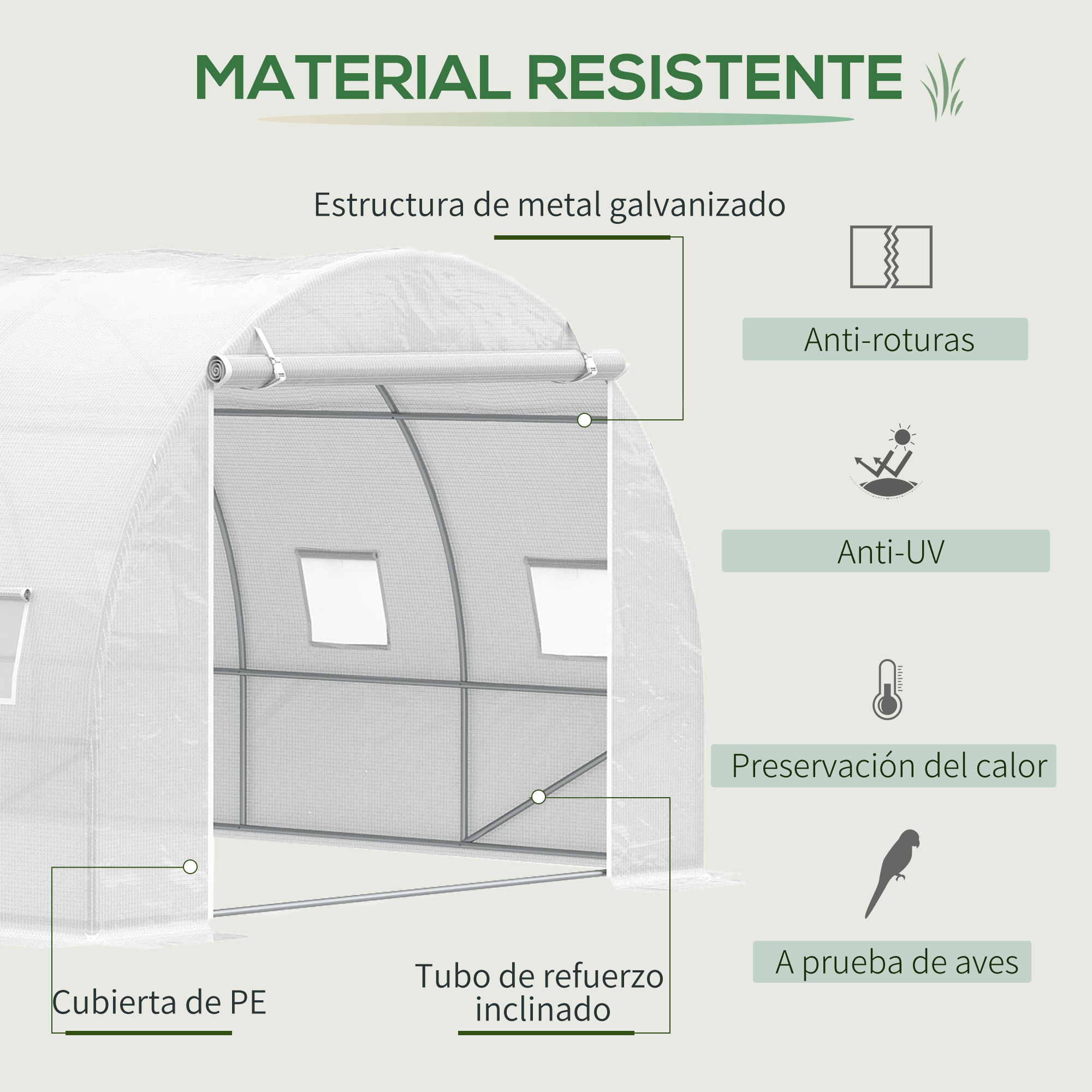 Estructura de invernadero con marco de metal galvanizado, cubierta de PE.