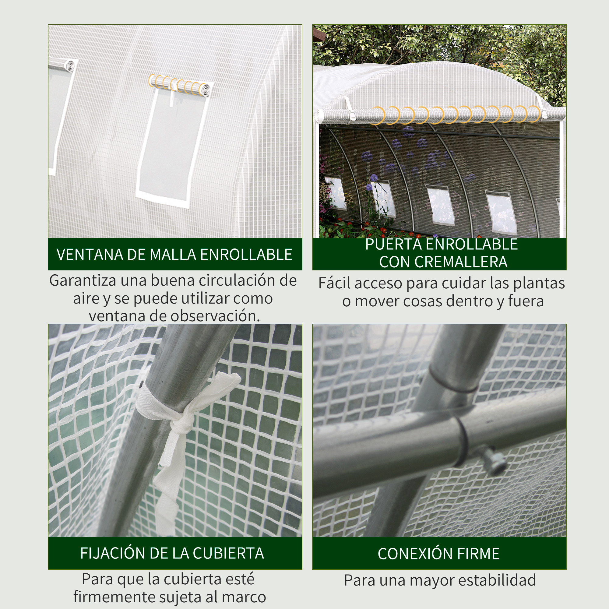 Detalles del invernadero: puerta enrollable, ventilación, sujeción y conexiones.