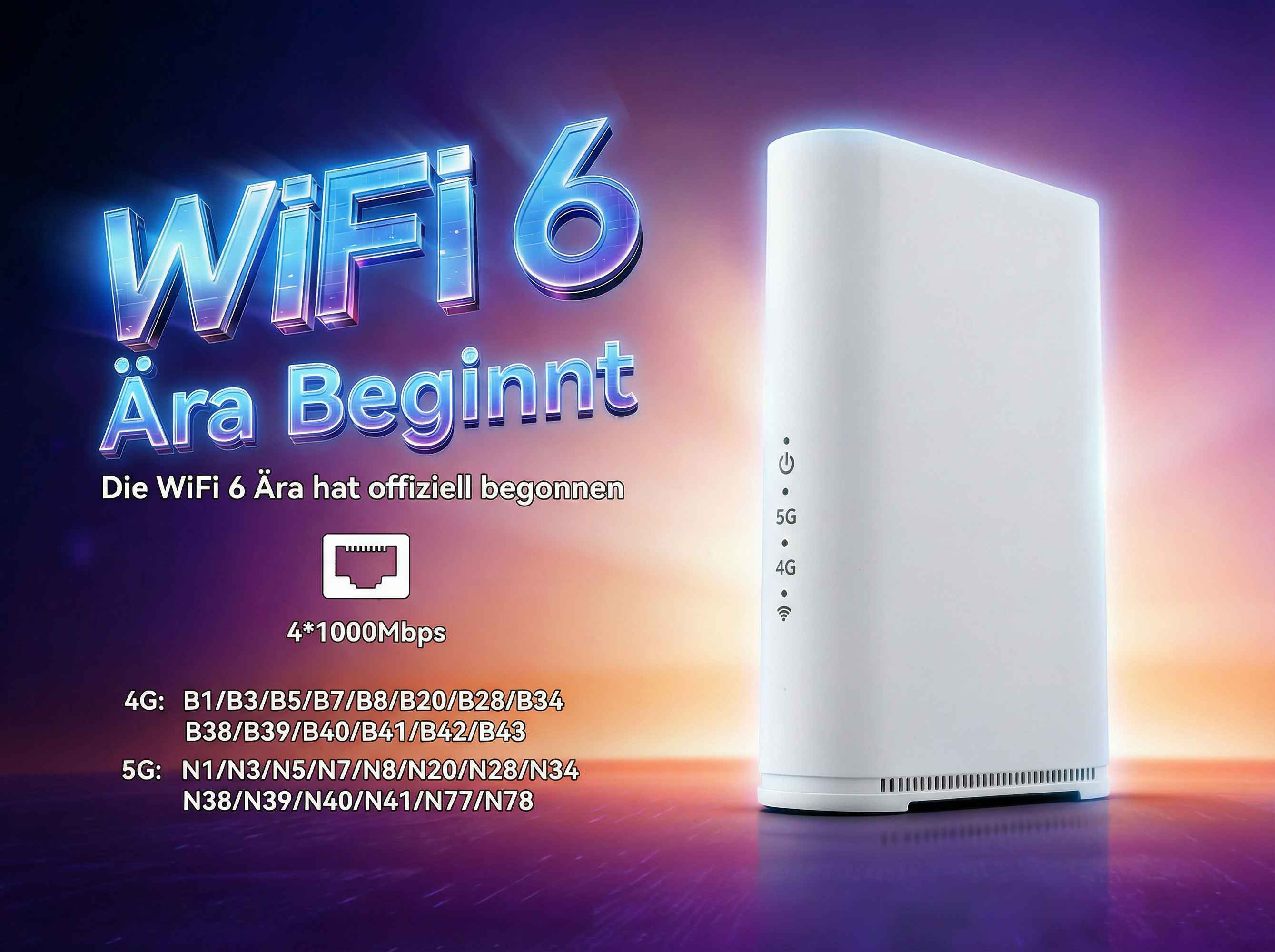 Ein weißer WiFi 6 Router mit 4x1000Mbps Ports vor einem Farbverlauf.