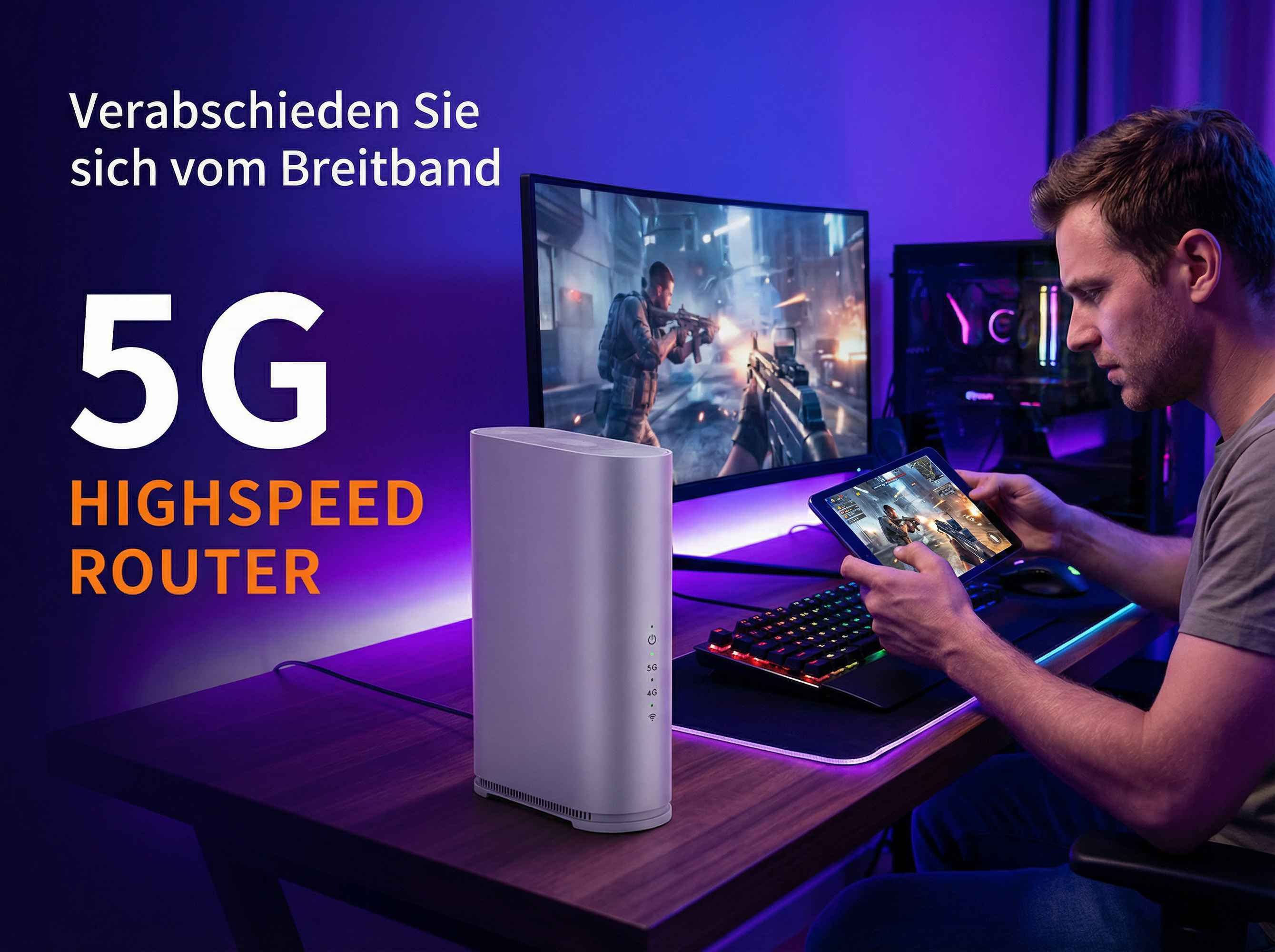Mann spielt Videospiel auf Tablet neben 5G-Router, Monitor & Gaming-PC.