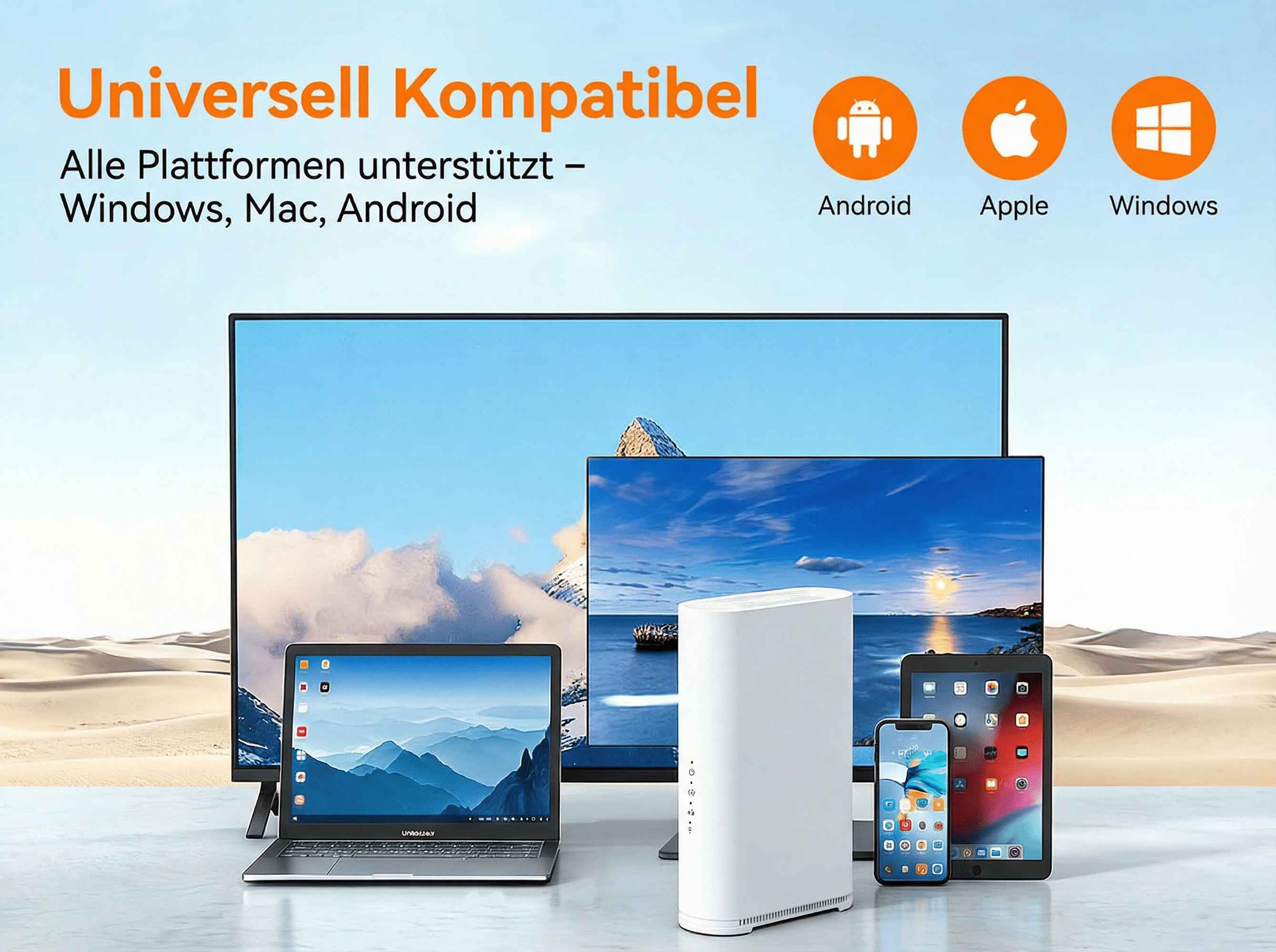 Geräte wie Laptop, Tablet und Smartphone neben einem Router.
