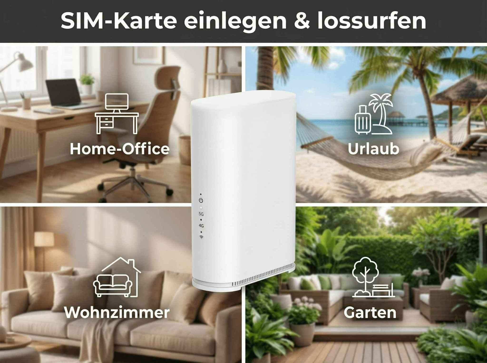Ein weißer Router mit vier Bildern: Home-Office, Strand, Wohnzimmer, Garten.