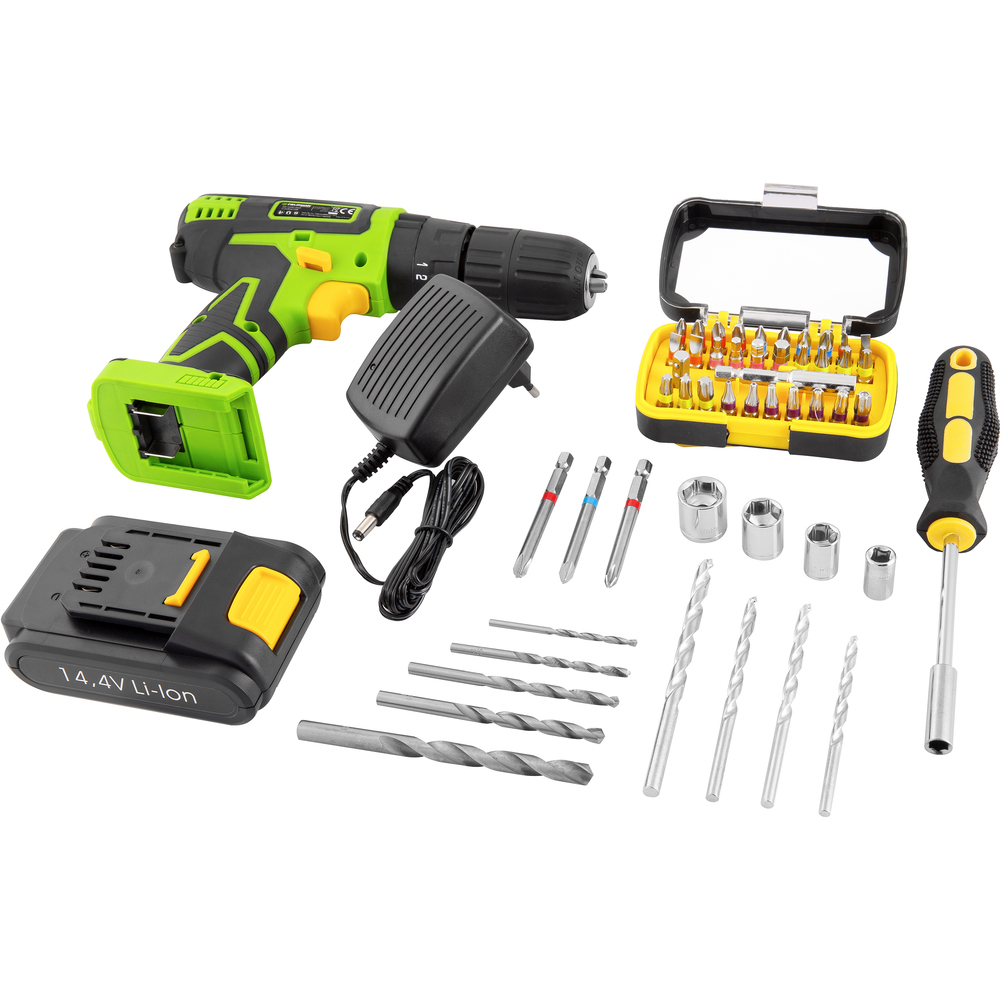 Werkzeugset mit Bohrmaschine, Akku, Ladegerät, Bits, Schraubendreher und Bohrern.