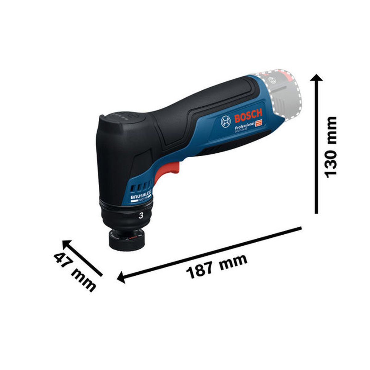 Bosch Akku-Schrauber: 187x47x130 mm, blau/schwarz, mit Schnellspannfutter.