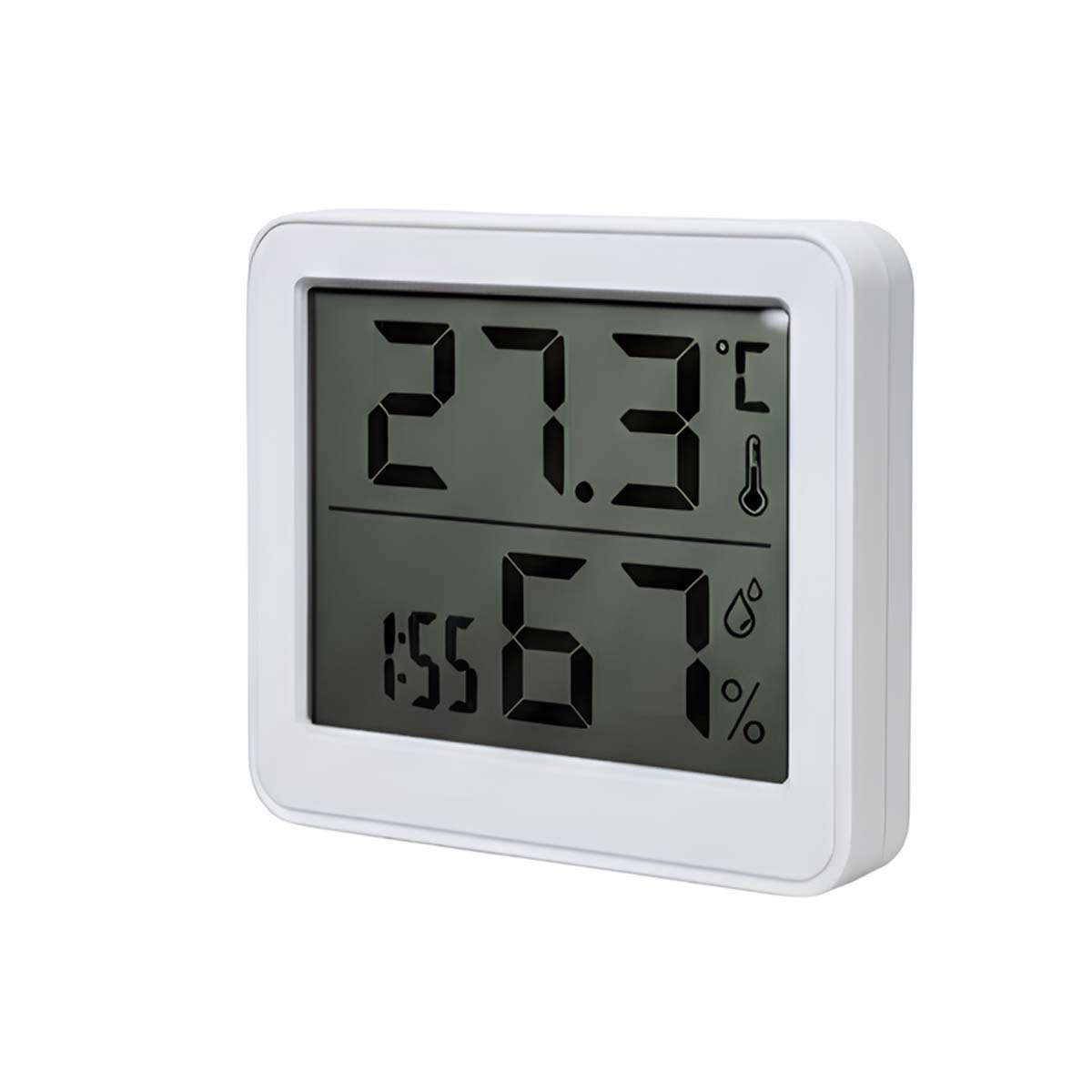Digitales Thermometer zeigt 27.3°C und 67% Luftfeuchtigkeit an.
