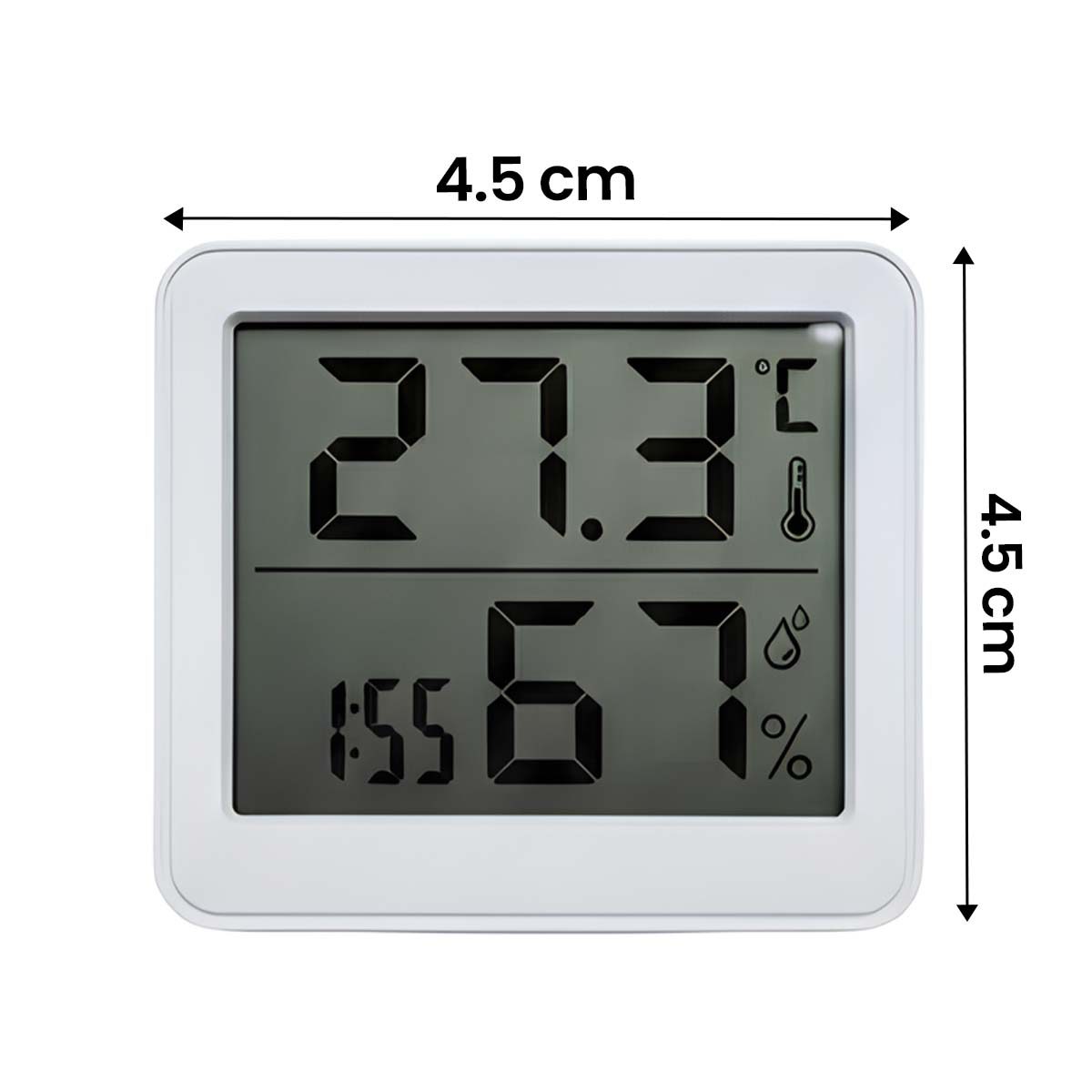 Ein weißes Digitalthermometer zeigt 27,3°C und 67% Luftfeuchtigkeit an. Maße 4,5cm x 4,5cm.