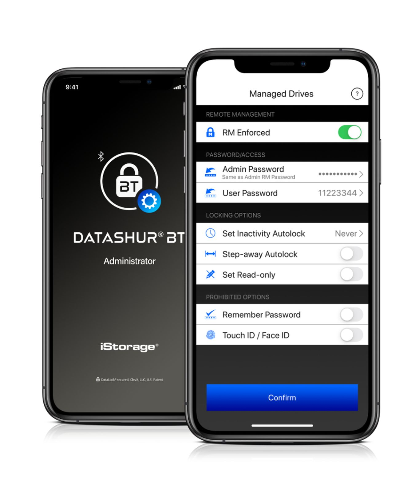 Due smartphone mostrano le impostazioni dell'app: a sinistra logo BT, a destra unità gestite.