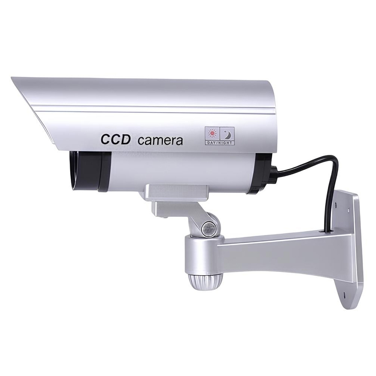 Caméra CCD argentée avec support réglable et câble noir sur fond blanc.