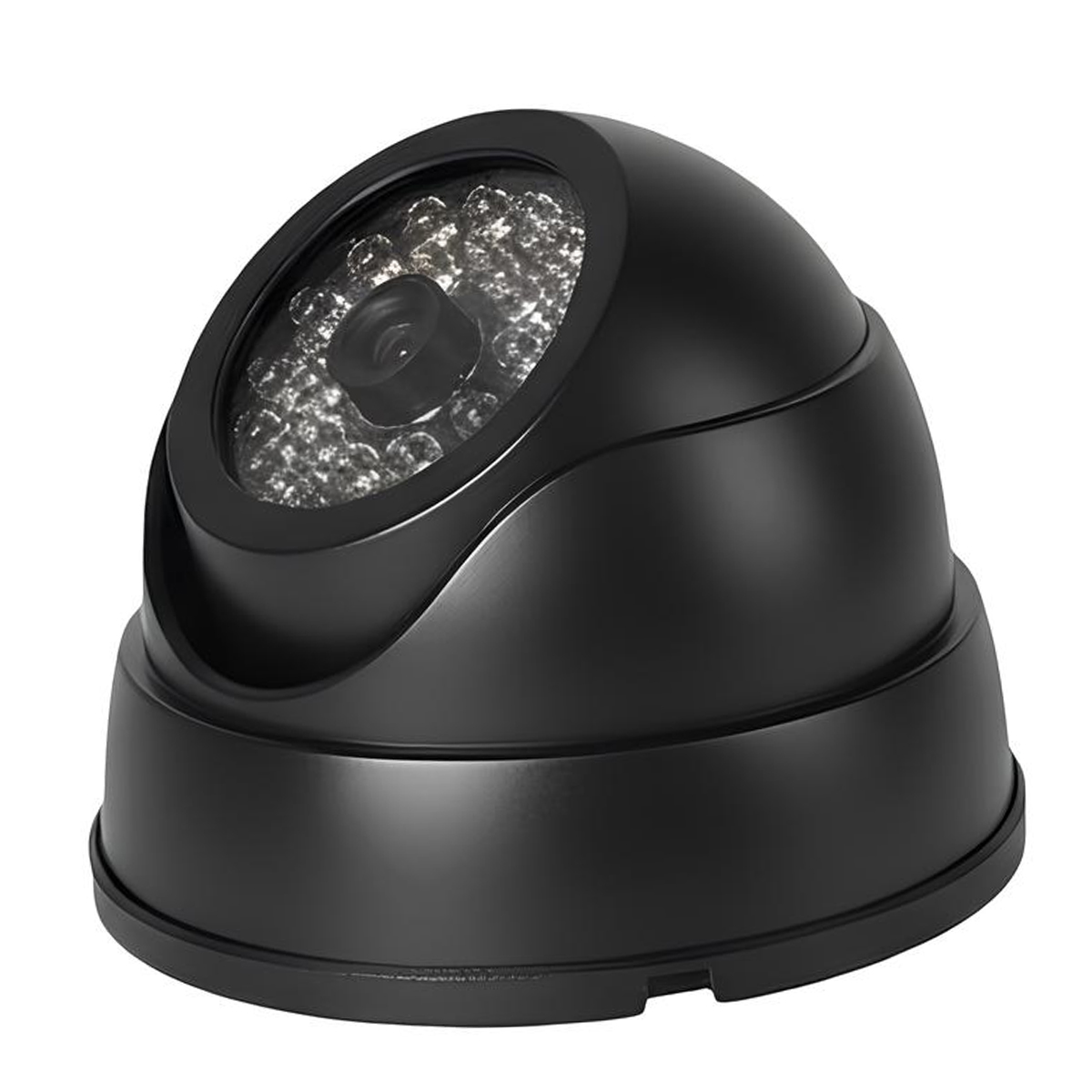 Eine schwarze Überwachungskuppelkamera mit einem Objektiv und vielen IR-LEDs.