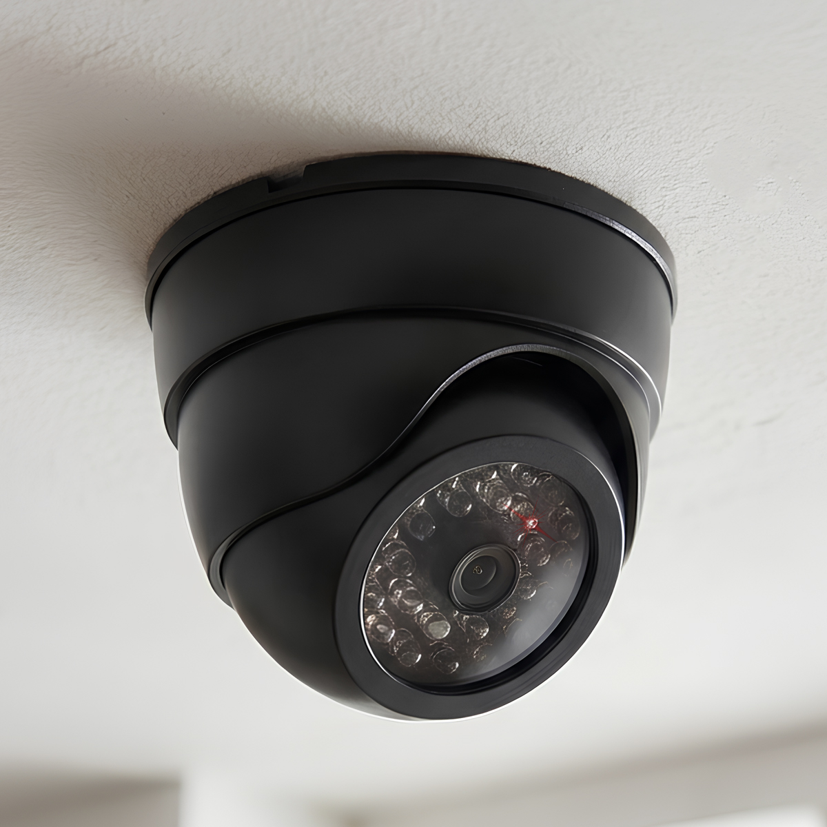 Eine schwarze Überwachungskamera mit Infrarot-LEDs ist an der Decke montiert.